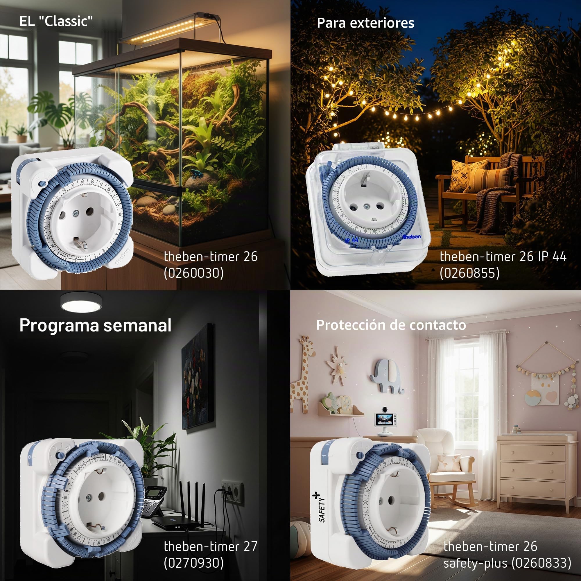 Theben 0260855 Timer 26 IP44 Interruptor horario enchufable Exterior Diario | 1 canal, analógico/mecánico, IP44, protegido contra salpicaduras, 96 segmentos, intervalo de 15 min, 400 W LED, Schuko