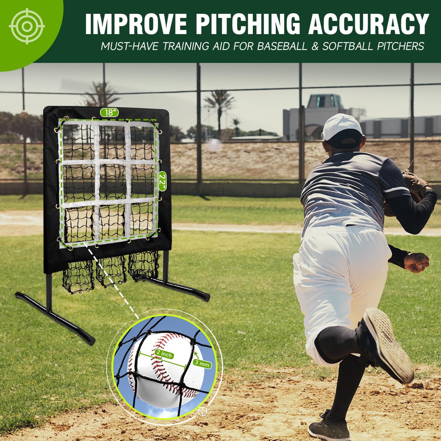 Pitching Net, 9 Hole Pitching Net with Strike Zone, Adjustable Softball/Baseball Hitting Net with Pitching Target, Portable Indoor Outdoor Training Equipment for Batting