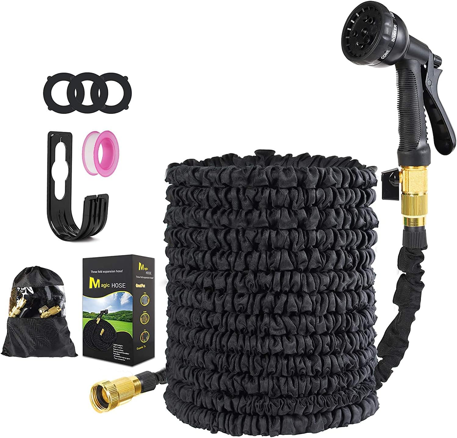 Expandable Garden Hose, Kink Free,Lightweight Latex Flexible Anti-Leakage Water Hose with 8 Function Nozzle 、Brass Connector、Pocket, Easy Store for Lawn Garden Watering Equipment(Black 100FT/30M) : Patio, Lawn & Garden