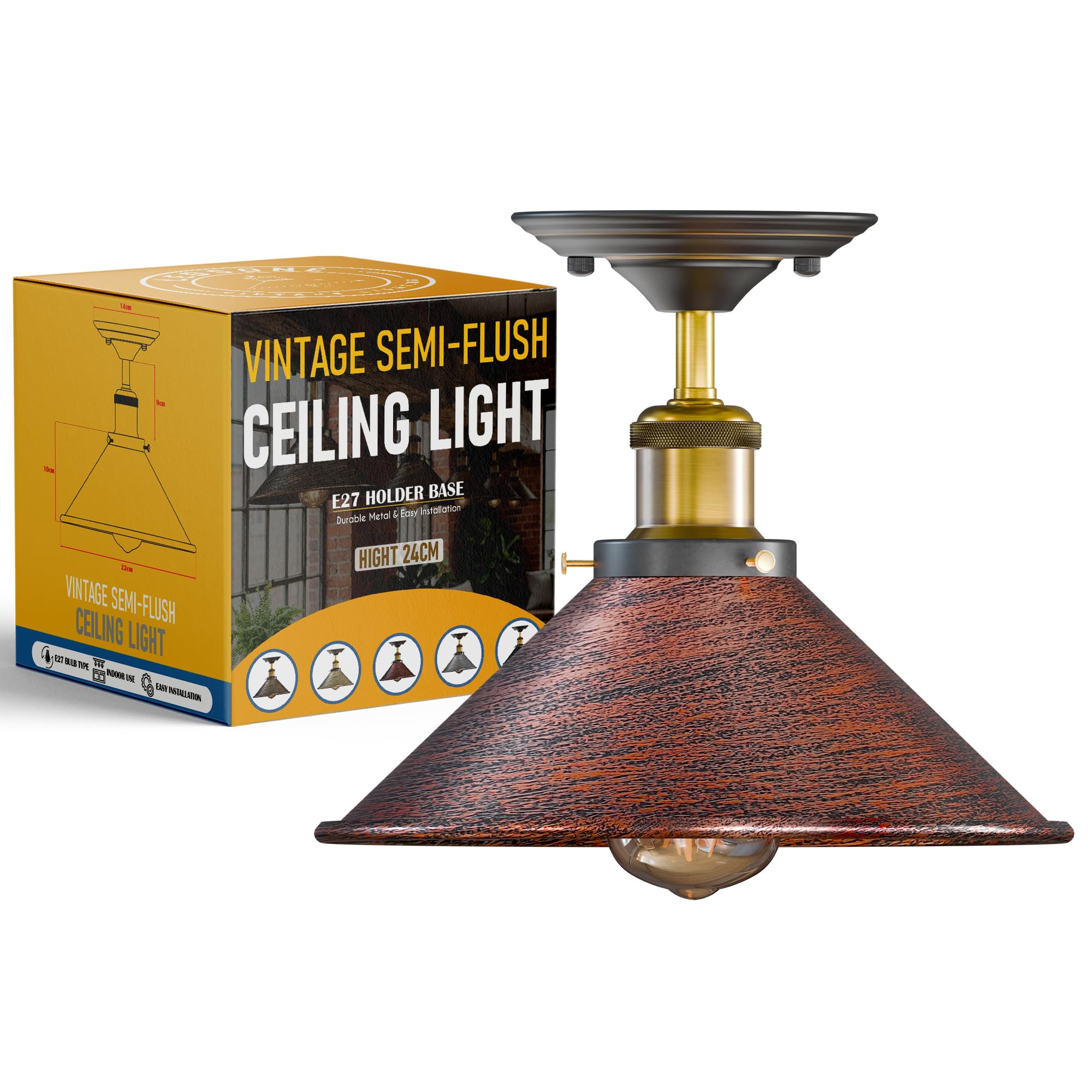 Flush Mount Ceiling Light Metal E27 Base Rustic Red Cone Lampshade No Bulb