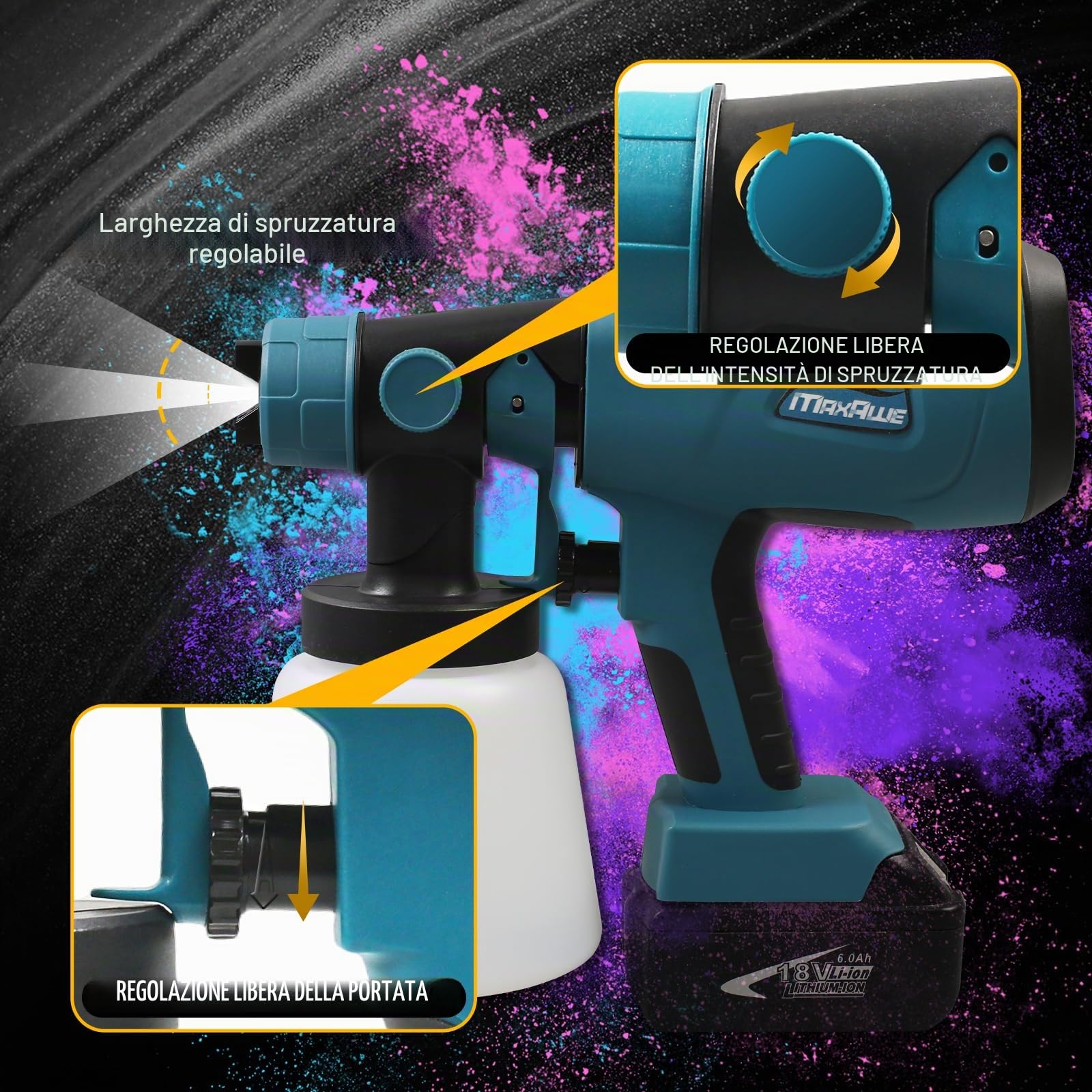MaxAwe Pistola a spruzzo a batteria elettrica per batterie Makita da 18 V, pistola per verniciatura con 4 ugelli e 3 modelli di spruzzo, pistola a spruzzo per dipingere pareti, recinzione da giardino