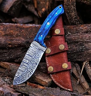 BCK damascus knife damascus steel hunting knife Fixed Blade Hunting Knife with Sheath - Damascus Knife with Blue Wood Handle - 9.75 Inches Handmade Camping Knife Prime Quality EDC camping Knife. - BCK