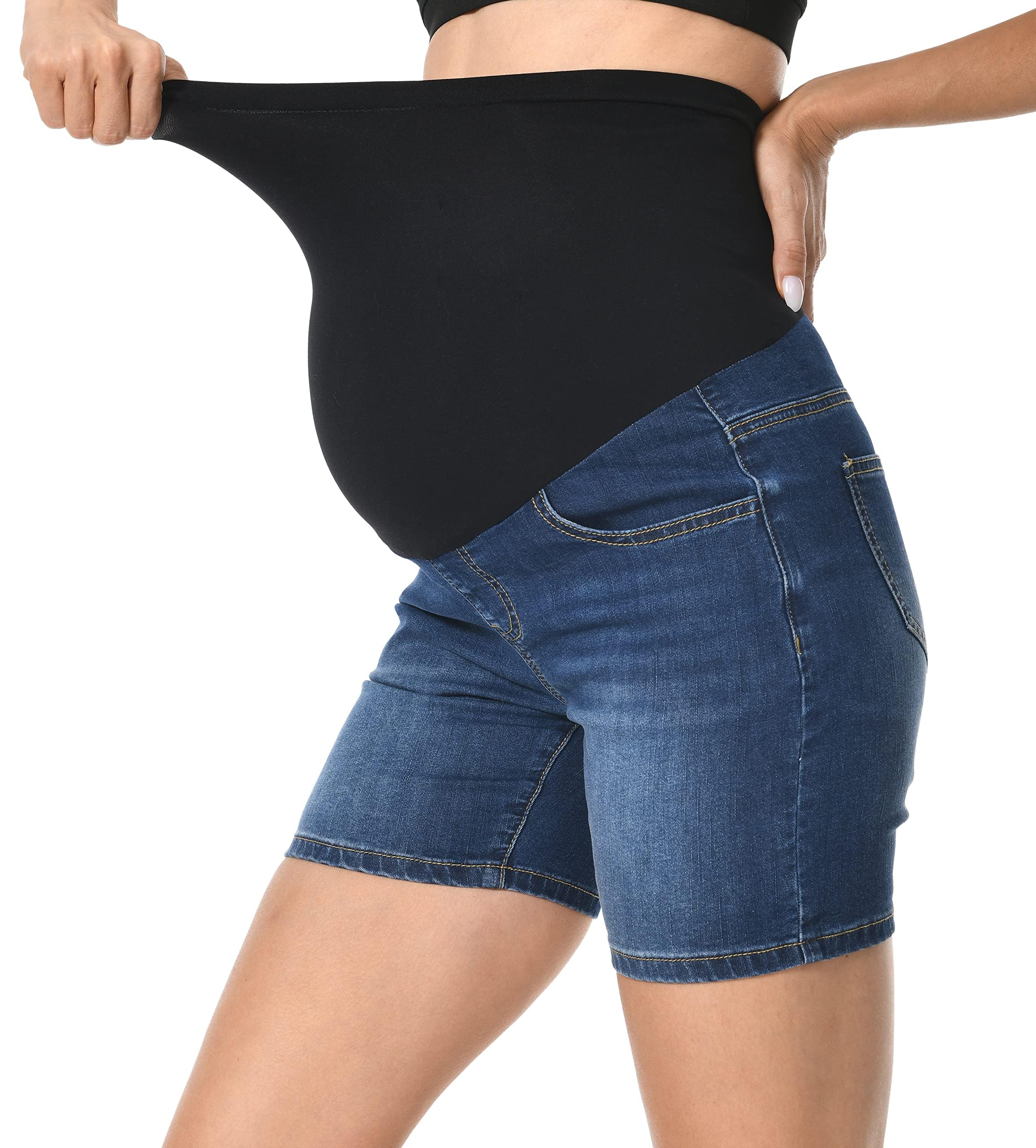 Vaqueros Cortos de Maternidad de Cintura Alta con Soporte Abdominal y Cinco Bolsillos para Verano y Uso Diario