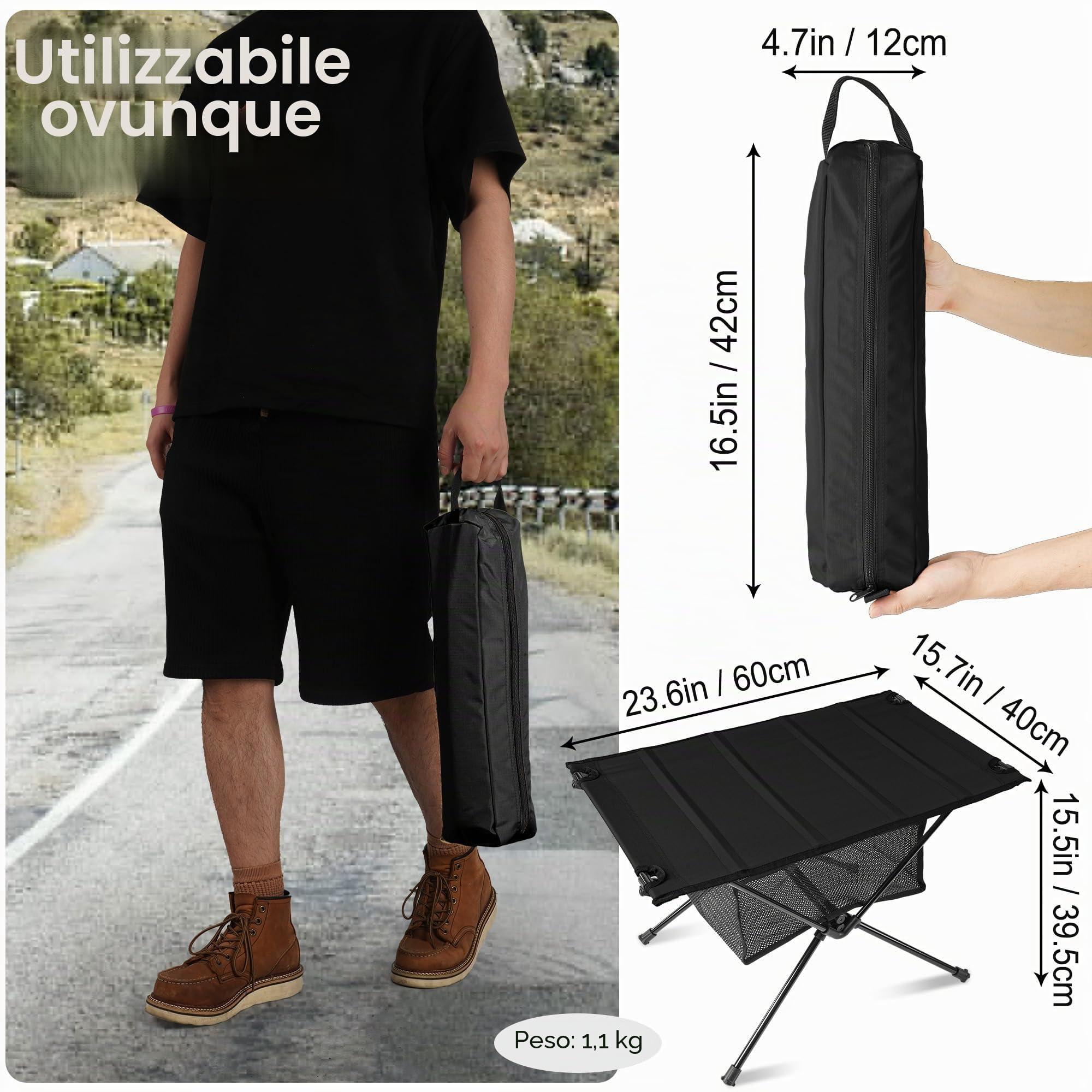 Tavolo Campeggio - Tavolo da Campeggio Pieghevole con Rete di Stoccaggio & Borsa di Trasporto | Piccolo & Ultra-Leggero (60 x 40 x 39,5 cm) | Ideale per Esterno, Barbecue, Pesca & Escursionismo