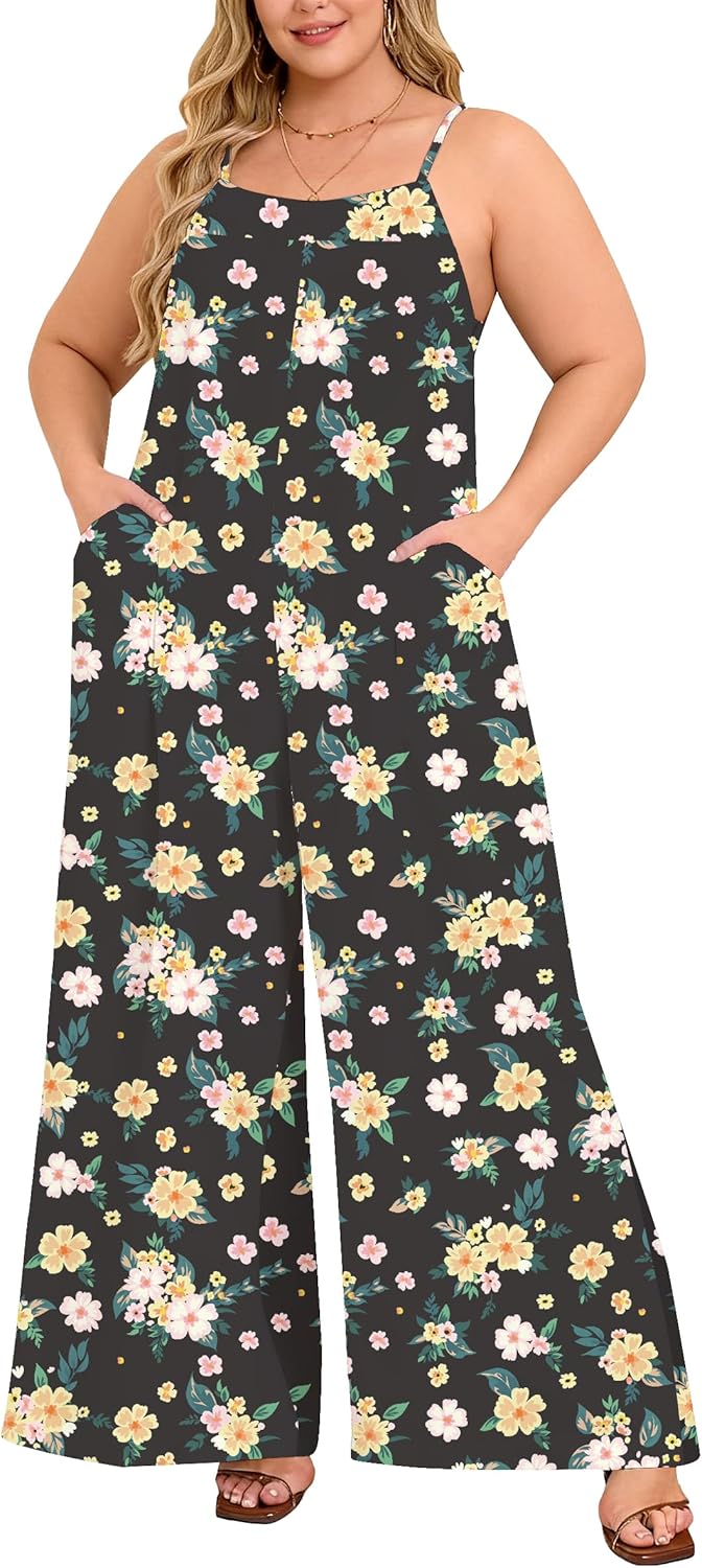 MAKABO Plus Size Wide Leg Jumpsuits for Women Summer Floral Sleeveless Romper With Pockets Casual Beach Vacation Outfits X-Large Black Floral