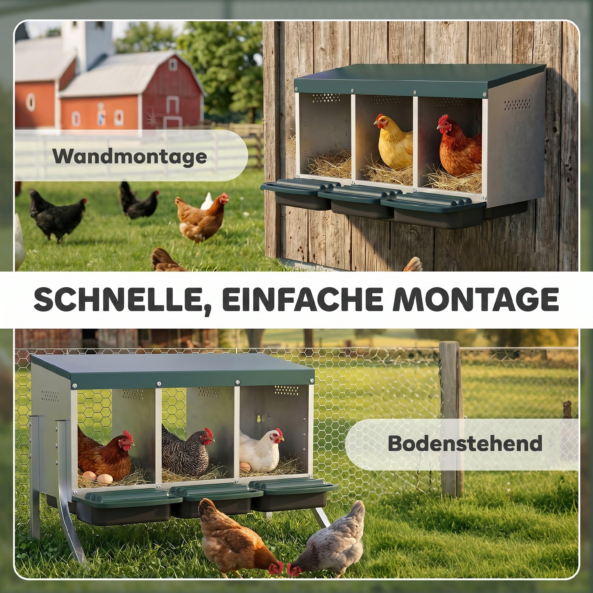 PawHut Legenest für Hühner, Abrollnest mit Belüftungslöchern, 3 Fächer, Hühnernest für 3 Hühner, Geflügelnest für Kleintierstall 84 x 55 x 61 cm, Silber
