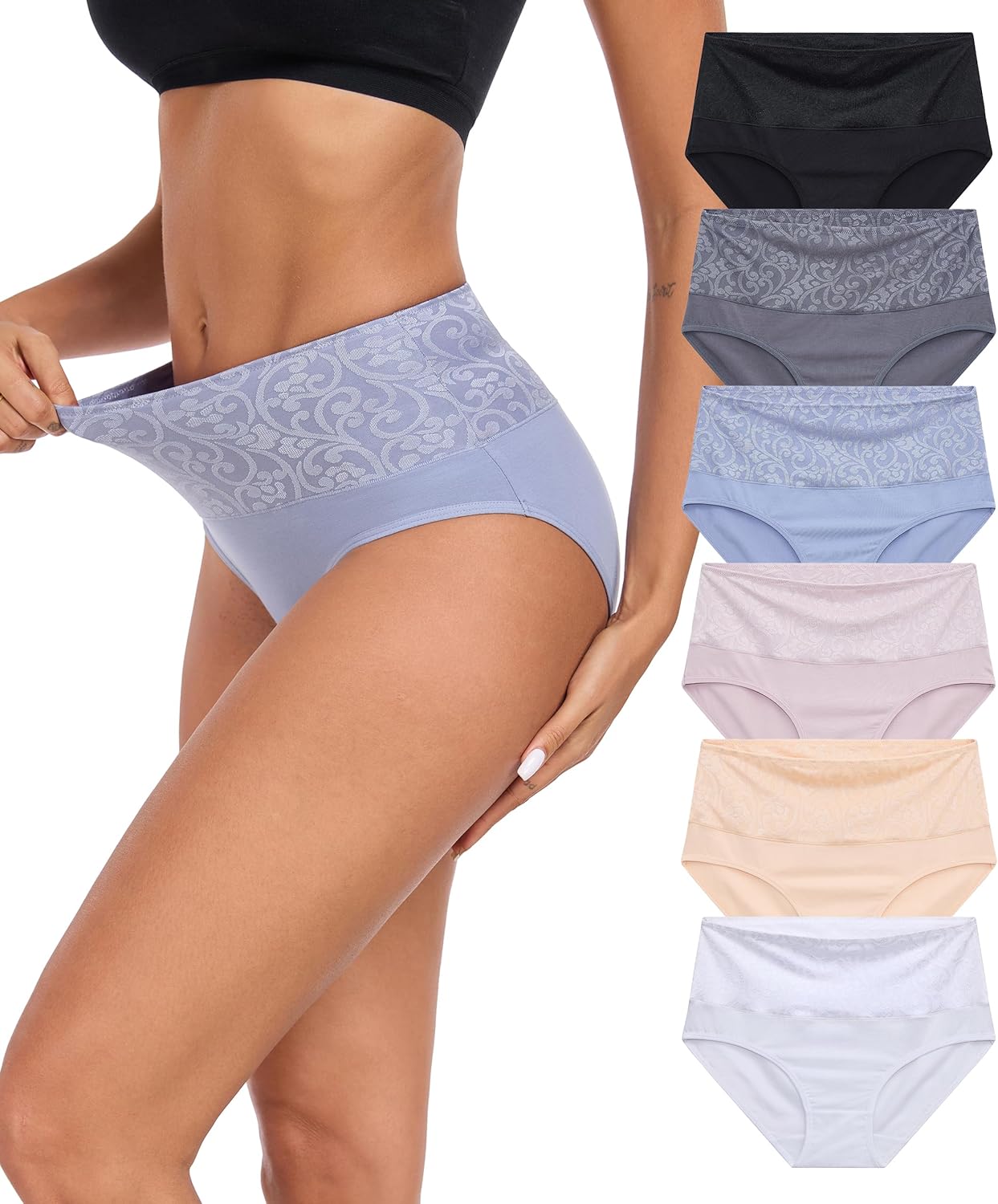 ANLIQI Womens Briefs Cotton Underwear High Waisted Tummy Control Hipster Panties Pack Full Coverage Soft Breathable Undies