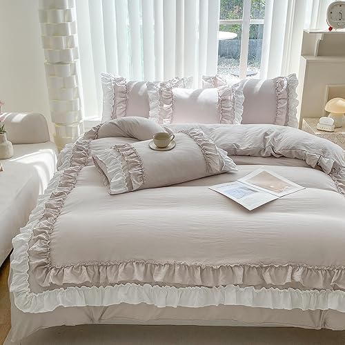 Miniatura 3 de juego de ropa de cama Shabby Chic de 3 piezas, juego de funda de edredón vintage de tamaño queen con 2 capas de volantes, juego de funda de edredón