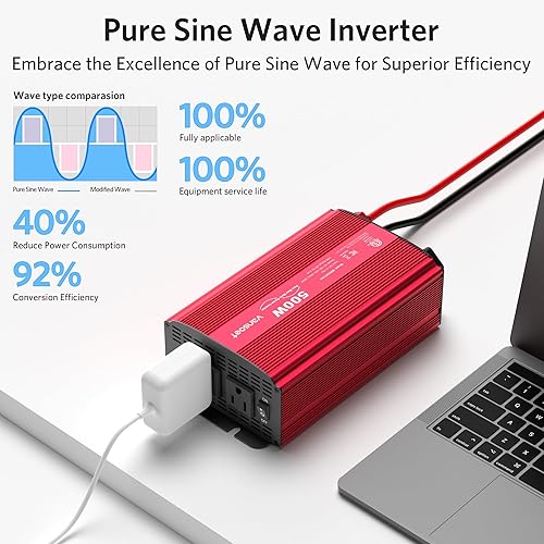 Miniatura 10 de Inversor de corriente de onda sinusoidal pura de 500 W, DC 12 V a 110 V CA Adaptador inversor de enchufe de automóvil con puertos de carga USB