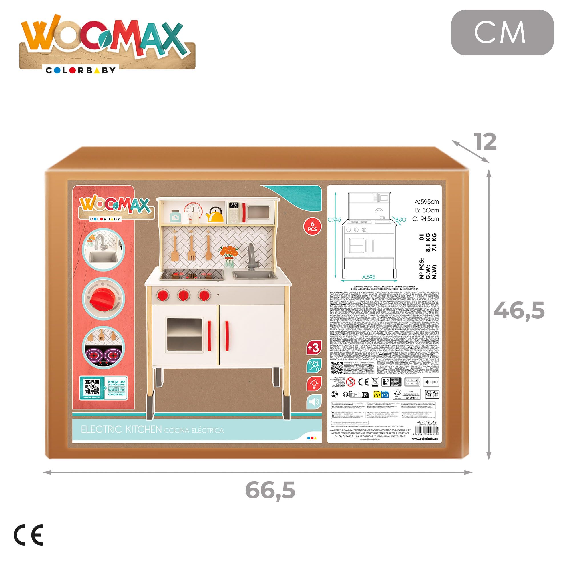 WOOMAX Cocina de Juguete con luz y Sonido, Cocinita de Madera Infantil con vitrocerámica y Campana extractora, Cocina Infantil 94,5x59,5x30cm, Juguete para niños y niñas (49549)