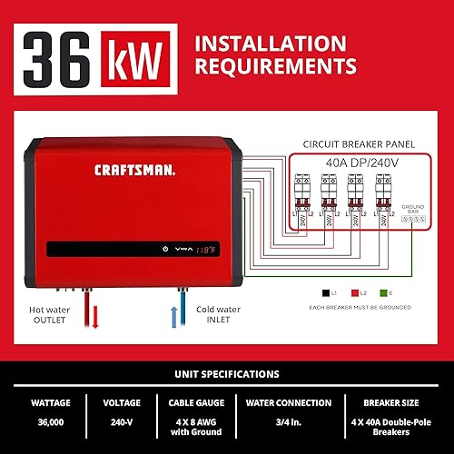 Miniatura 6 de Craftsman CMXTEPA0036 - Calentador de agua eléctrico sin tanque de 36 kW, 240 voltios, 7.3 GPM, color rojo