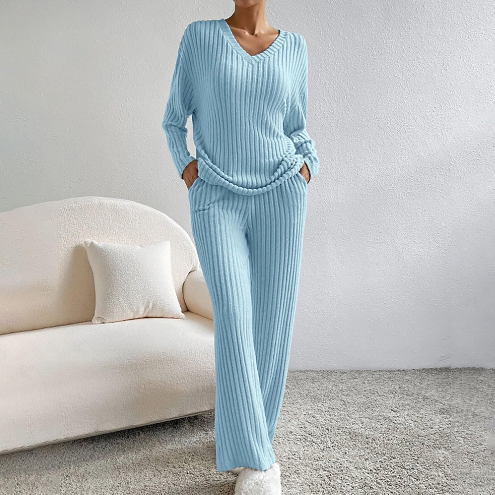 Pigiama e loungewear da donna, morbido maglia a coste, per la casa, per l'inverno, a maglia, set da due pezzi, a maniche lunghe, con scollo a V, per il tempo libero