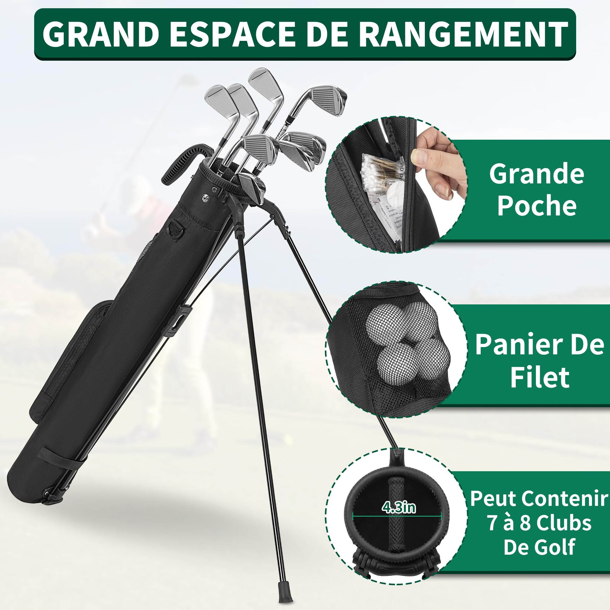 120CM Sac de Golf avec Support, Sac de Golf Léger et Portable à Pied avec 2 Poches, Bretelles Réglables pour Le Practice, Les Parcours par 3 et Les Parcours Exécutifs