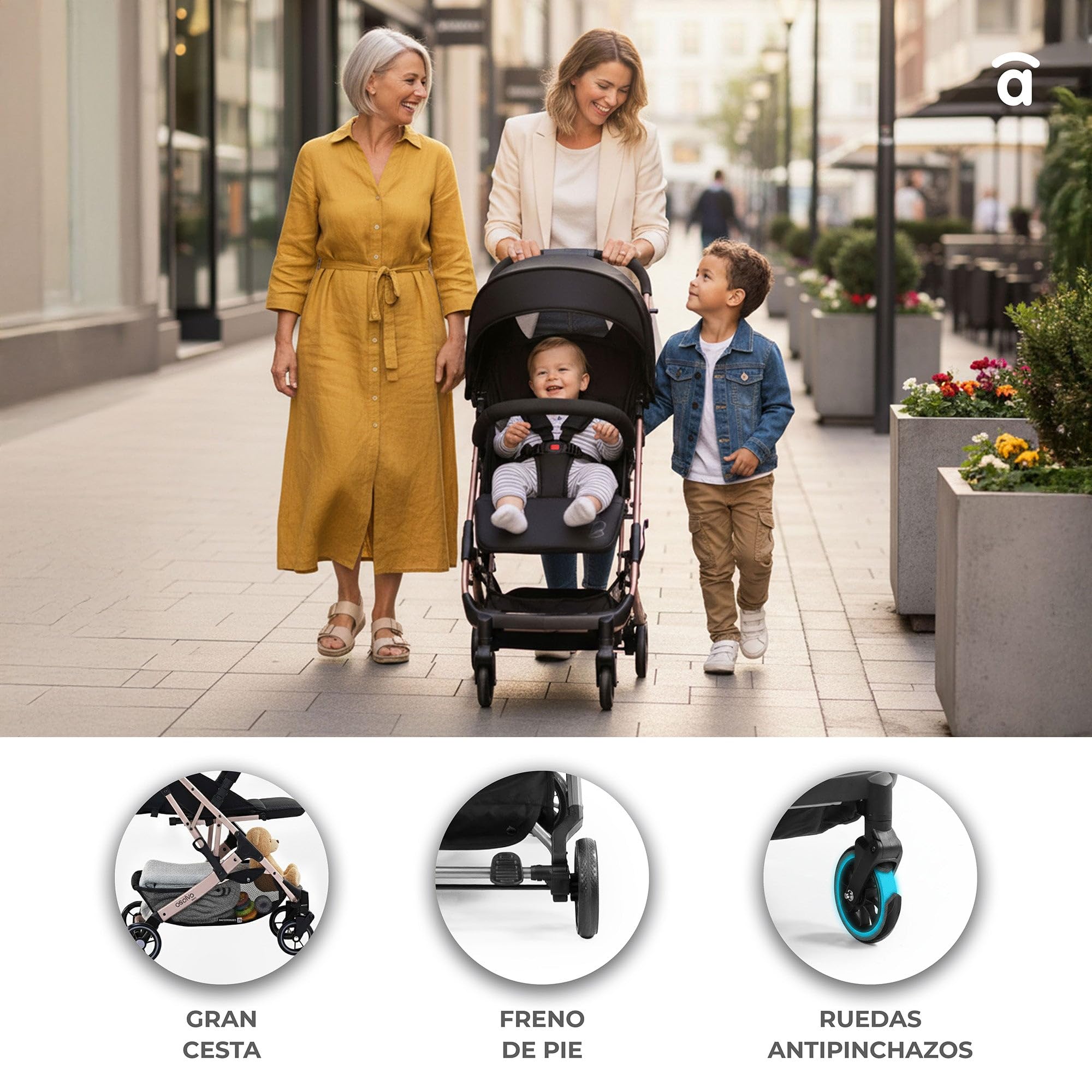 Silla de Paseo AMSTERDAM - Ultraligera, Reclinable y Compacta, Asa Trolley, Plegado con Una Mano, Capota Extensible, desde 6 Meses hasta 23 kg - Dorado Asalvo