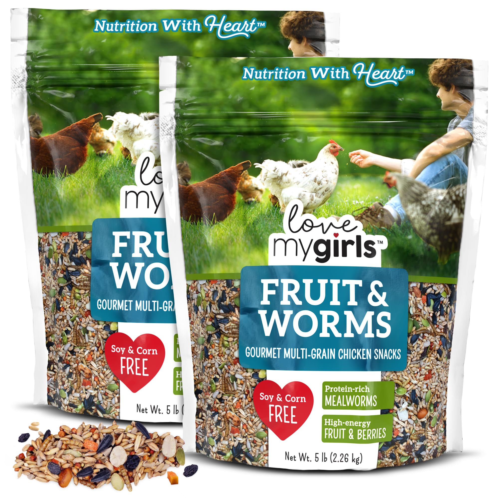 Love My Girls 2-Pack Fruit &amp; Worms Chicken Treats, Mealworms for Poultry
