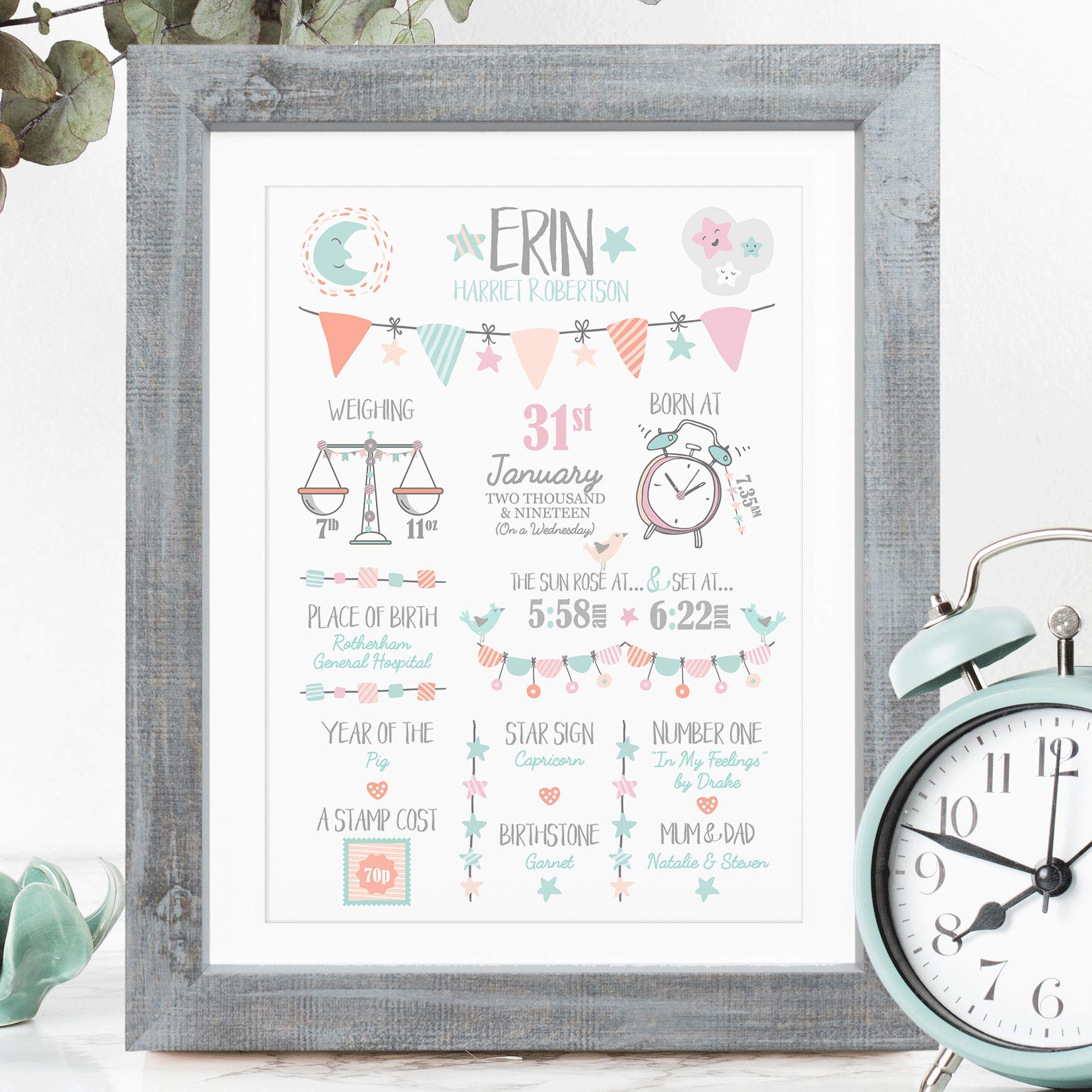 The Whistling Wren - Personalised Baby Girl Birth Print Picture with Birth Details and Fun Facts. Personalised New Baby Girl Gift. Christening Gift (GIRLS PASTELS) - FRAMED or UNFRAMED options.