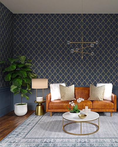 Miniatura 4 de Timeet Papel tapiz geométrico para despegar y pegar, color azul y dorado, papel tapiz autoadhesivo extraíble, papel de contacto extraíble de 17.7 x