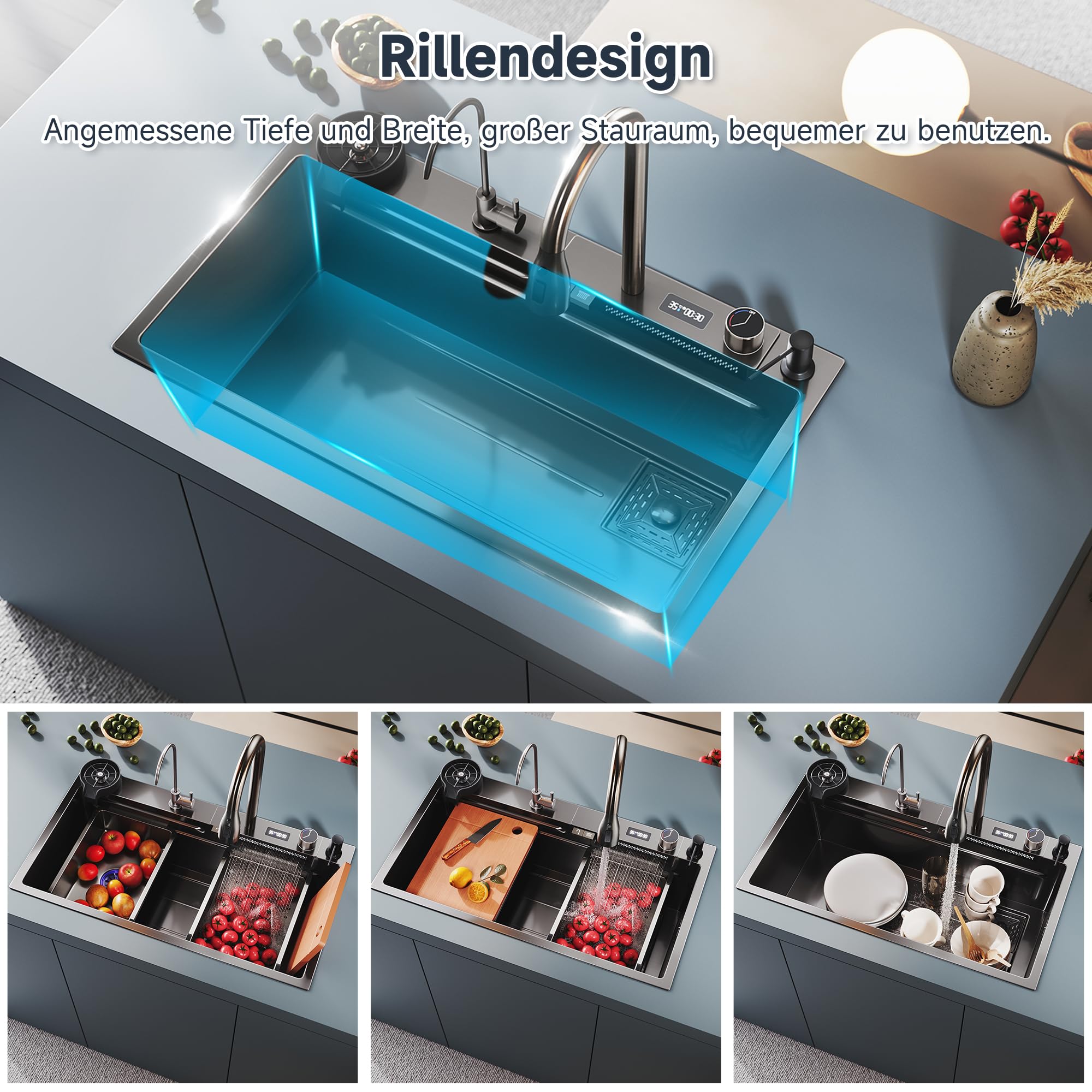 SONNI Küchenspüle 80x45x23cm mit Temperaturanzeige, Wasserfall, Schwarz | Edelstahl Spülbecken mit Wasserhahn, Wasserfilter, Gläserspüler, Abtropfwanne, Seifenspender, Schneidebrett, Ablaufset