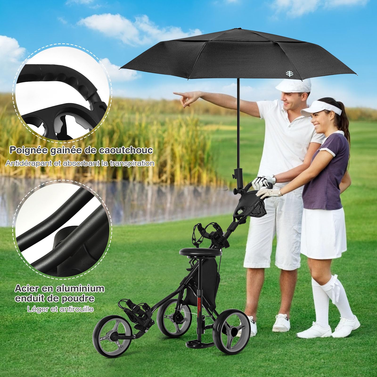 GOPLUS Chariot de Golf à 3 Roues,Voiturettes Golf à 3 Roues Pliable, Pousser Tirer Deluxe, Chariot de Golf Manuel, Ouverture Facile, 130x75x98,5-115,5cm