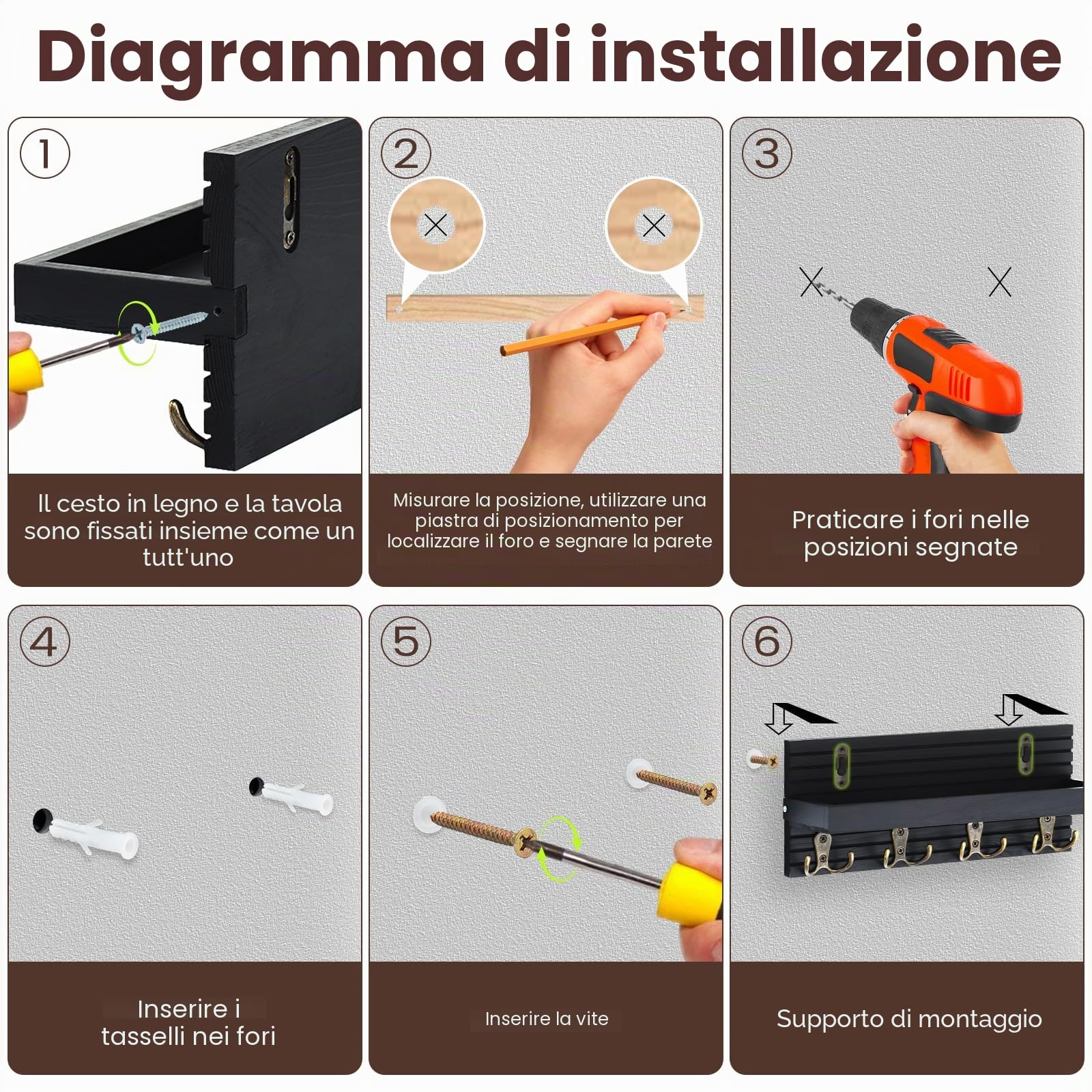 Portachiavi da Parete in Legno, Portachiavi da Muro con Ripiano, Porta Chiavi da Muro per Casa con 8 Ganci, Appendi Chiavi Home Decor, per Corridoio, Ingresso, Cucina, Bagno (Nero)