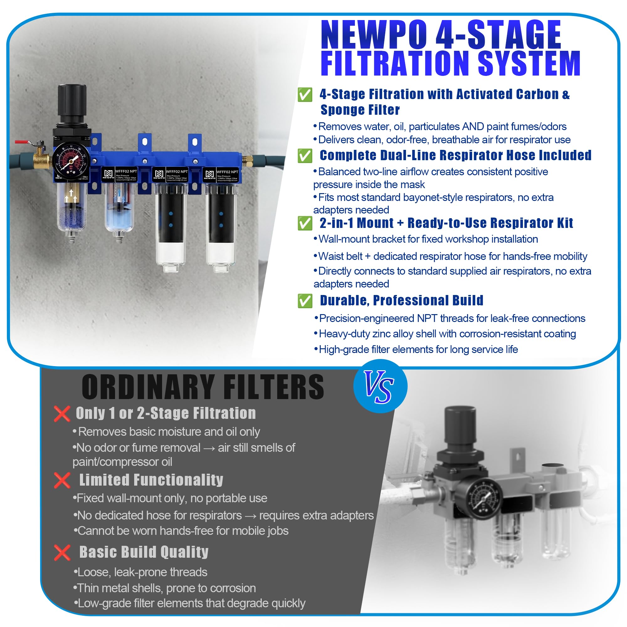 NEWPO Secador de aire NPT de 4 etapas de 1/4 pulgadas para compresor, regulador de filtro de aire, separador de agua/aceite/olor, latón de 5 μm y filtros coalescentes y desodorizantes de 0,01 μm