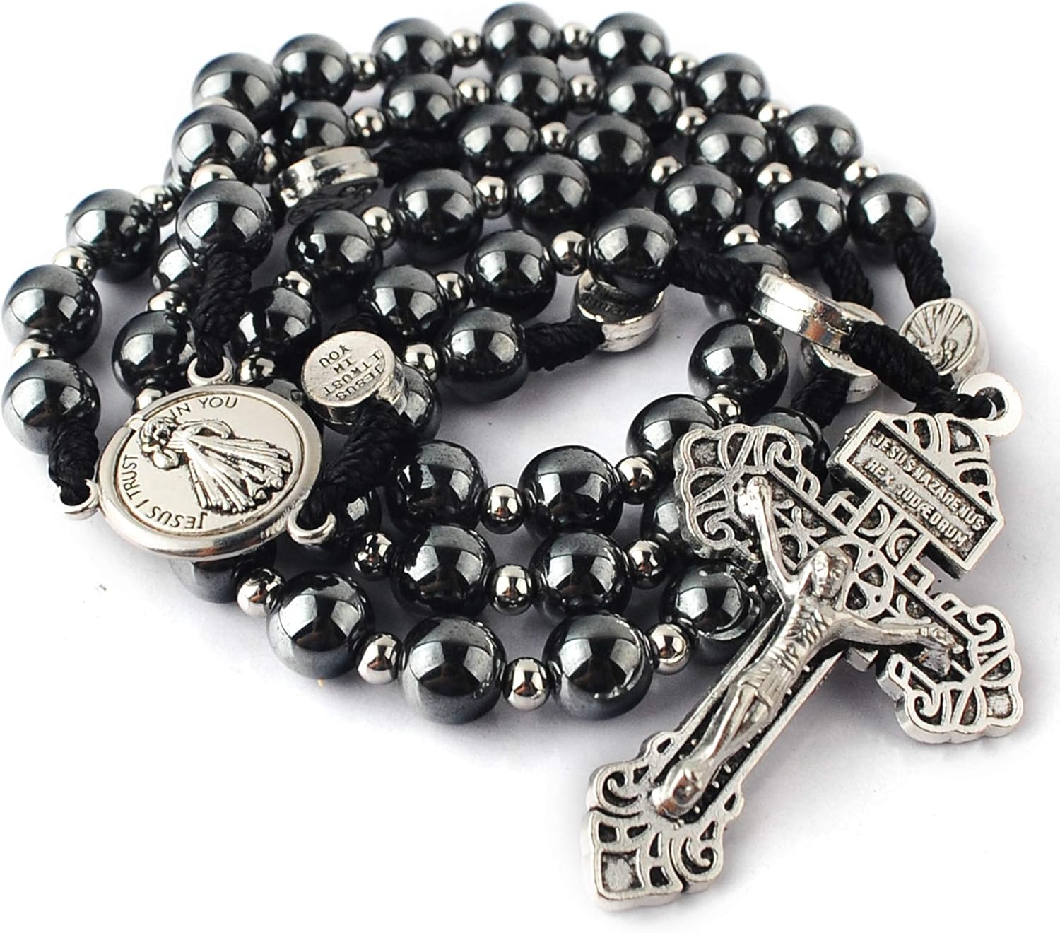 HanlinCC Hematite Rosary Necklace for Men and Women, Black Stone and Stainless Steel Beads, 48cm Length - Image 5