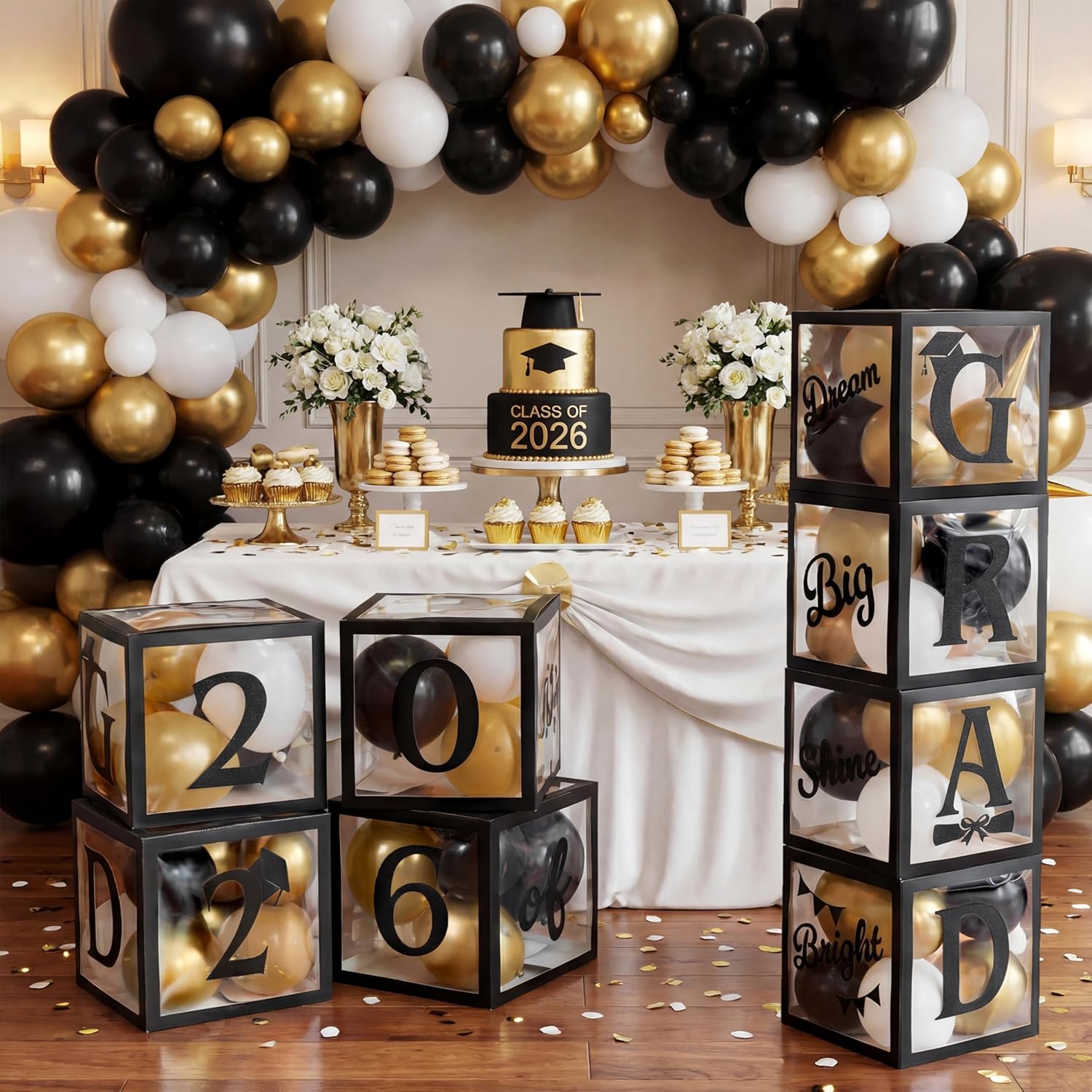 JOYIN 4 Pcs 2026 Graduation Balloon Boxes, Black & Gold Party Decorations with blessing Letters and 24 pcs Balloons for Graduation Celebration, Graduation Decor, Graduation Party Favors
