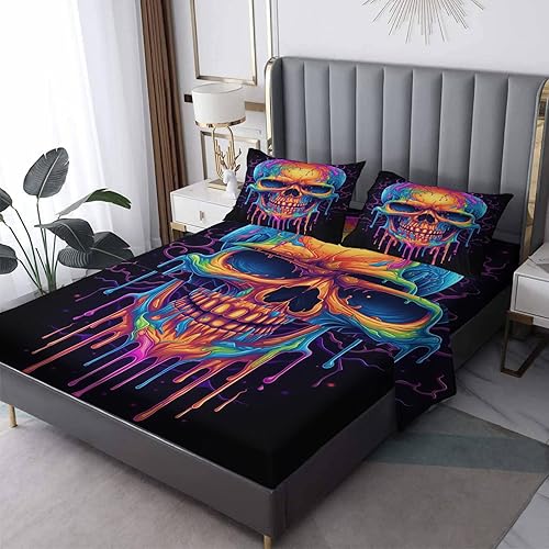 zcwl Juego de sábanas de calavera tamaño California King, juego de sábanas coloridas de esqueleto, juego de sábanas y fundas de almohada con