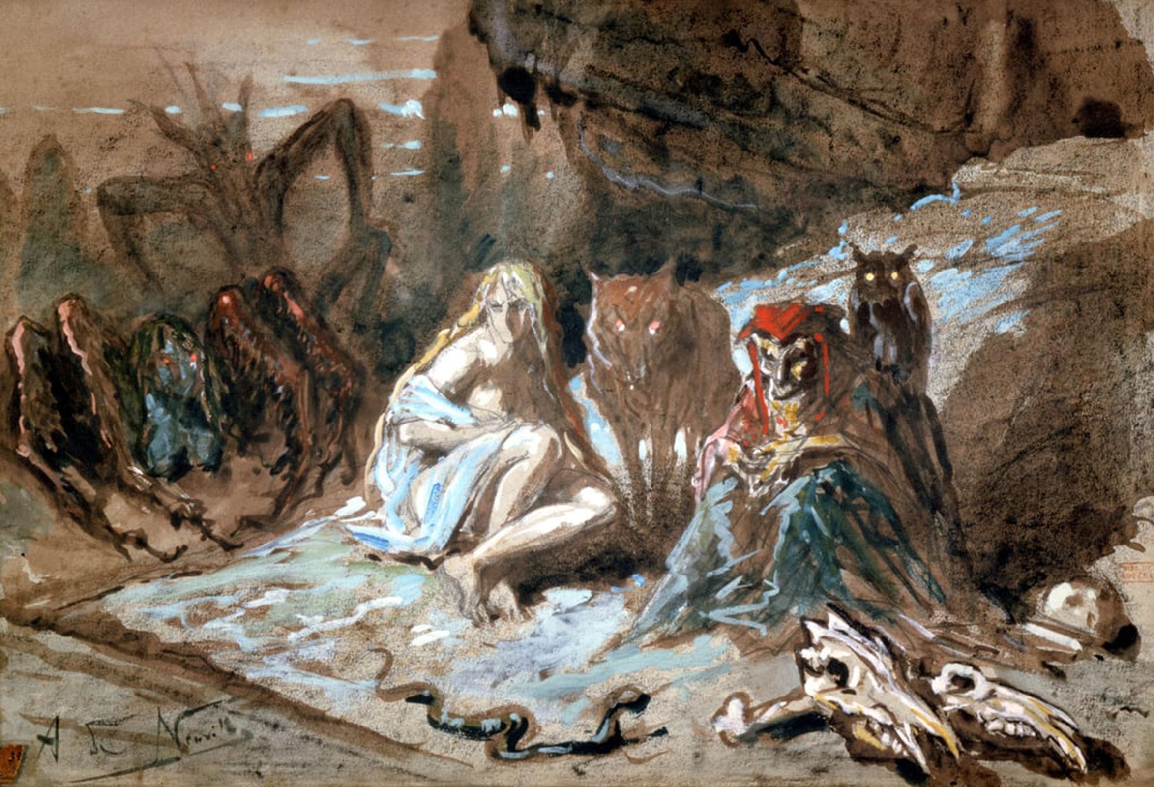 RZHRHJES Abstract Painting Poster Art Print Canvas Print Poster Witches and Wolves by Alphonse Marie De Neuville Landscape Canvas Painting for Office Decor 60x90cm