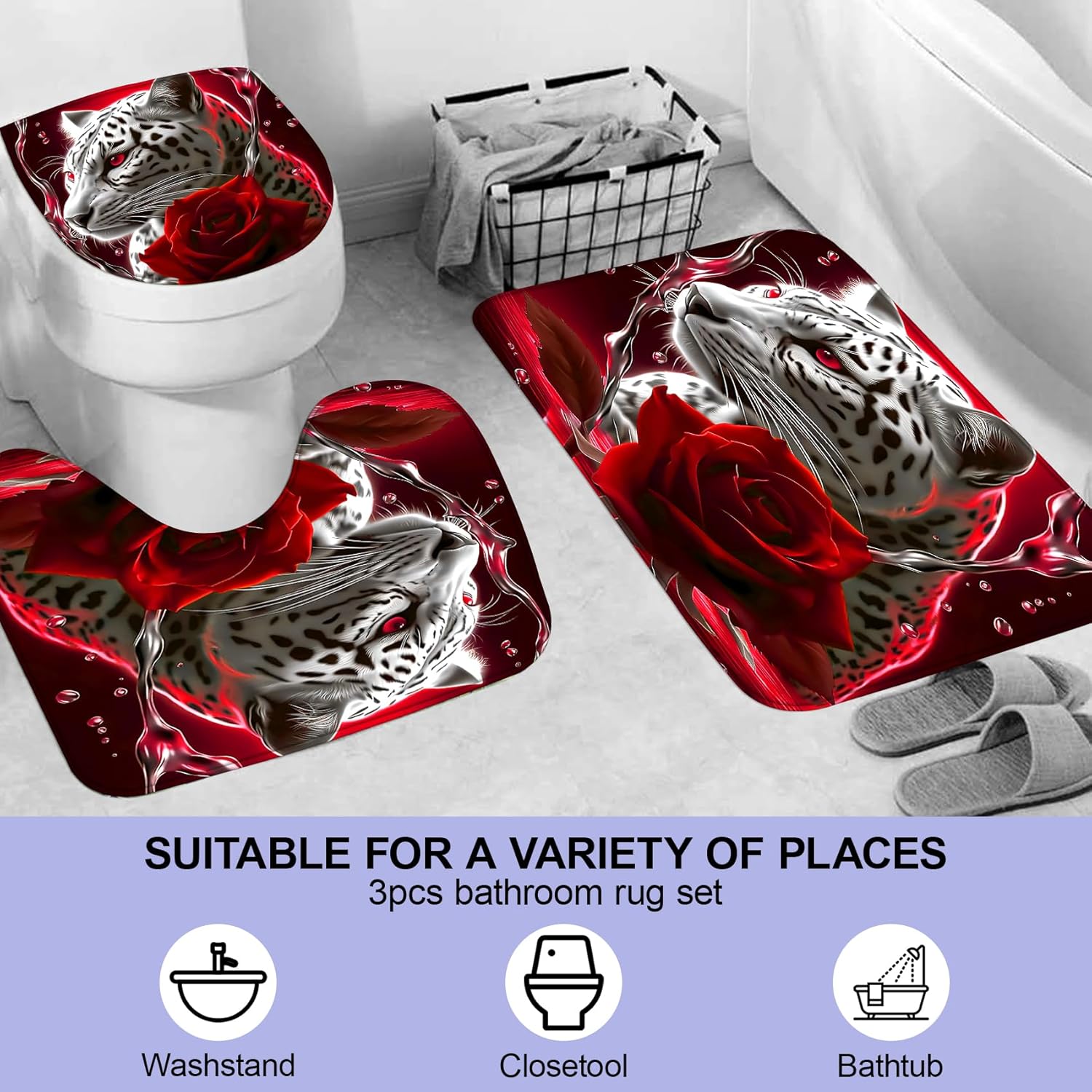 beifivcl 4PCS Red Rose and Leopard Shower Curtain Bathroom Set with Non-Slip Rugs, Toilet Lid Cover and Bath Mat, Red Bathroom Decor Set Accessories Shower Curtains with 12 Hooks, 72 x 72 Inch