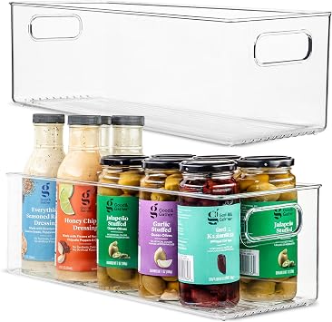 Plastic Food Storage 2 Pack Clear Container Bin with Handles for Organizing Kitchen, Pantry, Refrigerator, Freezer, Pantry, Cabinet, Closet, Bathroom. 16x6x5