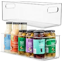 primebox Plastic Food Storage 2 Pack Clear Container Bin with Handles for Organizing Kitchen, Pantry, Refrigerator, Freezer, Pantry, Cabinet, Closet, Bathroom. 16x6x5