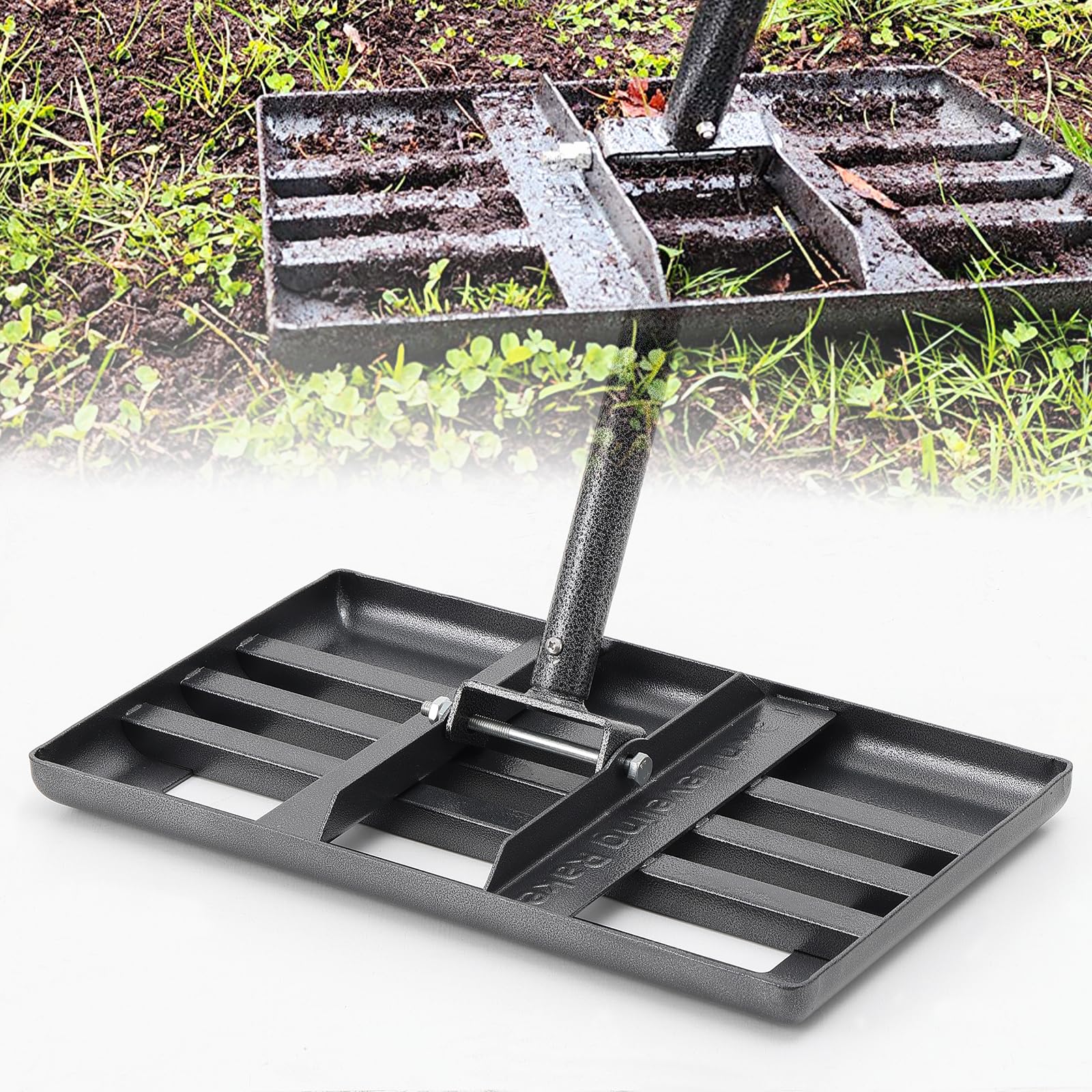 Lawn Leveling Rake, Heavy Duty Levelawn Tool for Garden Level Soil or Dirt Ground Surfaces Easily, 17” x 10” Ground Plate, Steel Handle Length is 50 inch