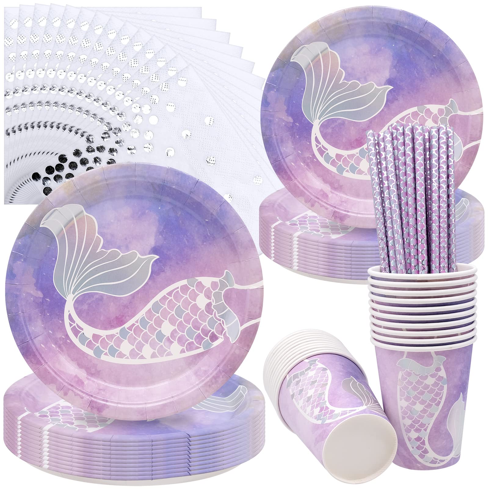 Photo 1 of 85PCS Mermaid Party Tableware Kit, Girls Birthday Baby Shower Party Supplies, Disposable Mermaid Dinnerware, Paper Plates Cups Napkins Straws Serves 20 Guests