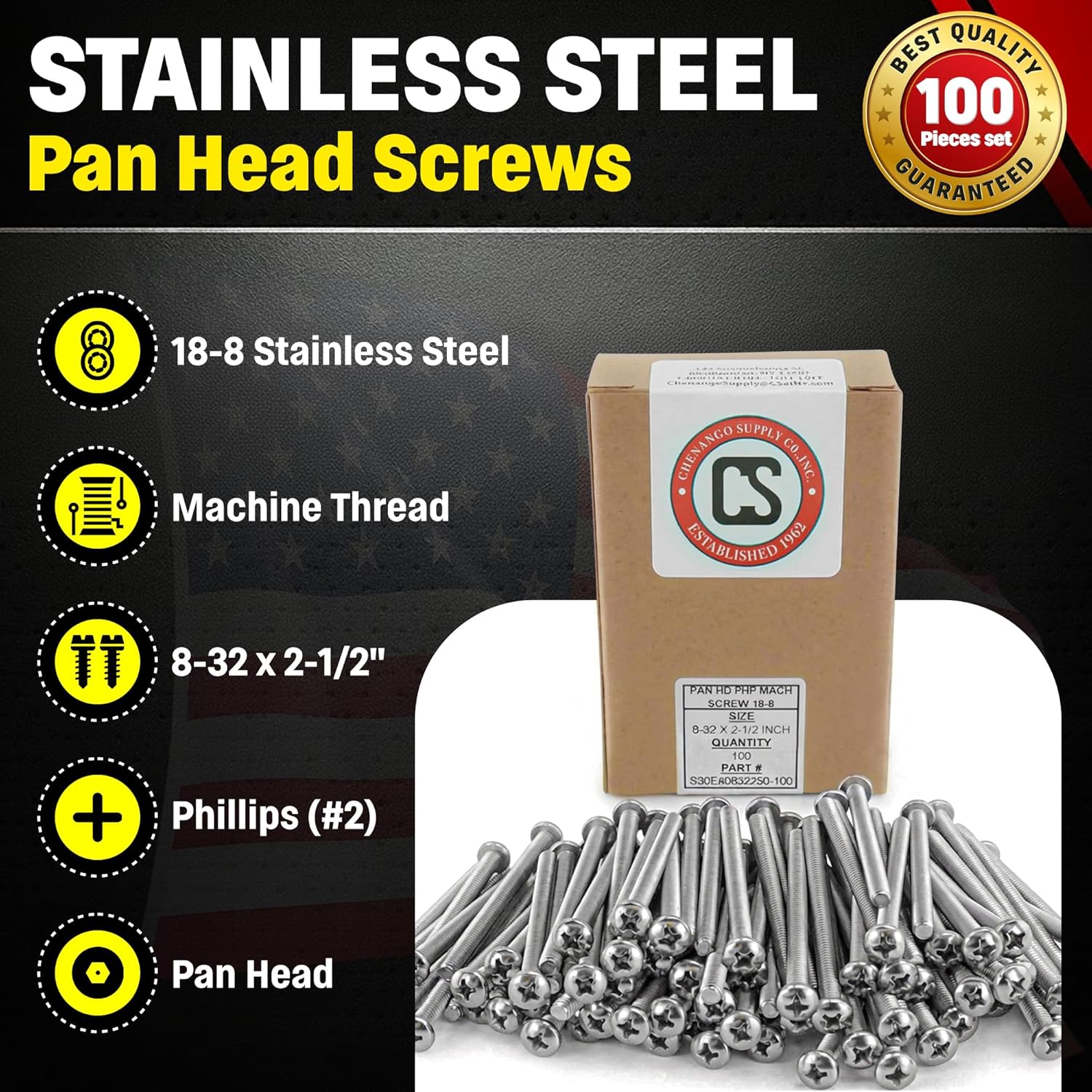 Chenango Supply Stainless 8-32 x 2-1/2 Pan Head Machine Screws – 18-8 Stainless Steel, Full Thread, Phillips Drive, Machine Thread, 100 Pieces (8-32 x 2-1/2)