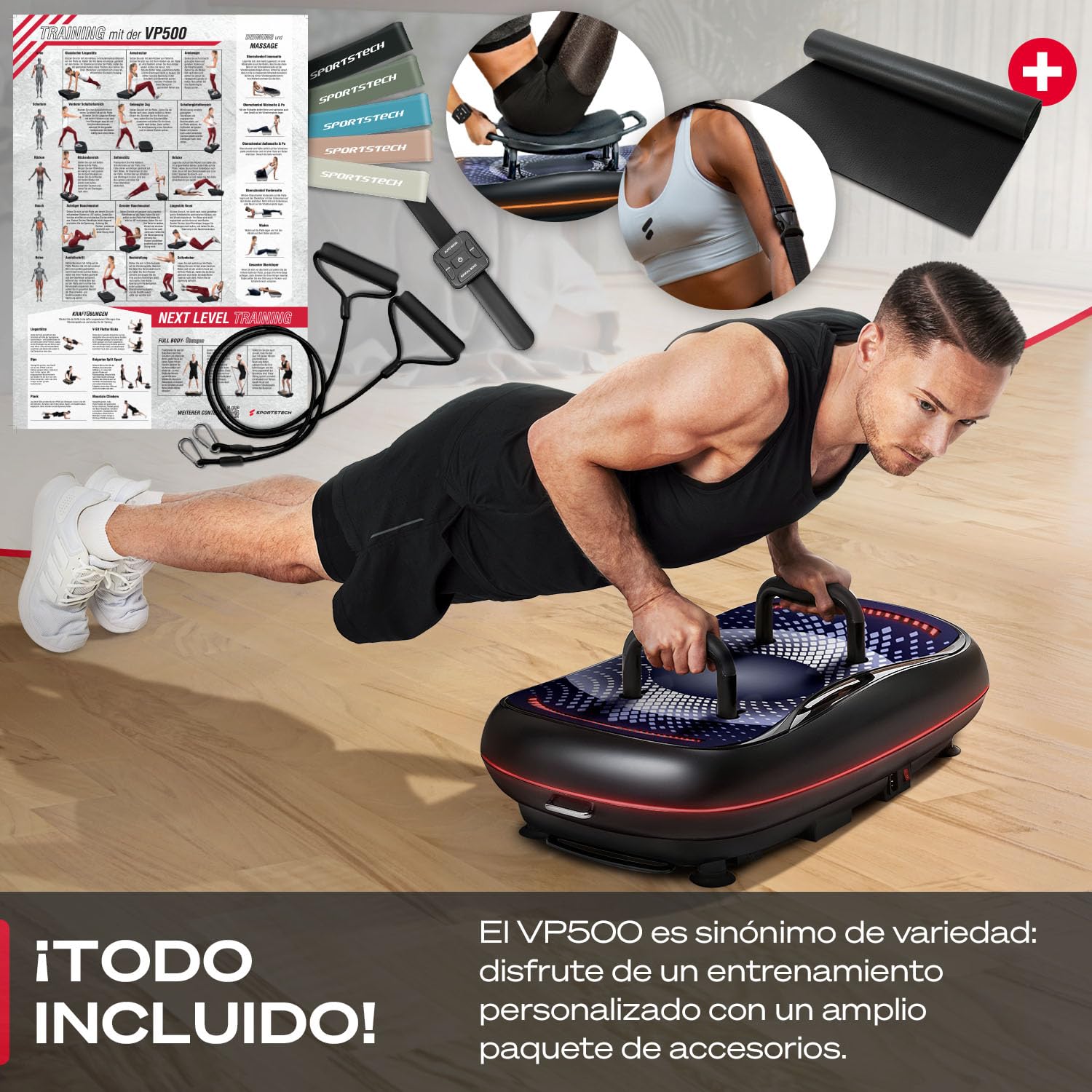 Sportstech - VP500 Plataforma Vibratoria, 4D Premium Plataforma Vibraciãn Muscular, Smart Plataforma Vibratoria Fitness con Digital Touch Integrado, Accionado por 3 Motores, 60 Niveles de Velocidad