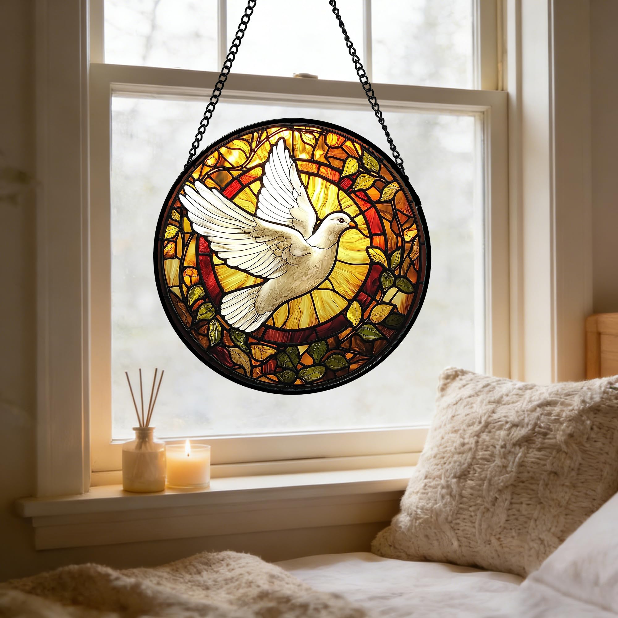 DASTOLL Buntglas-Fensterbehang, fliegende weiße Tauben-Sonnenfänger, Diamant-Glas-Panel-Behang, niedliche Vögel, Sonnenfänger, Dekoration für Geburtstag, für Frauen, Männer, Ehefrau, Tante und Mutter