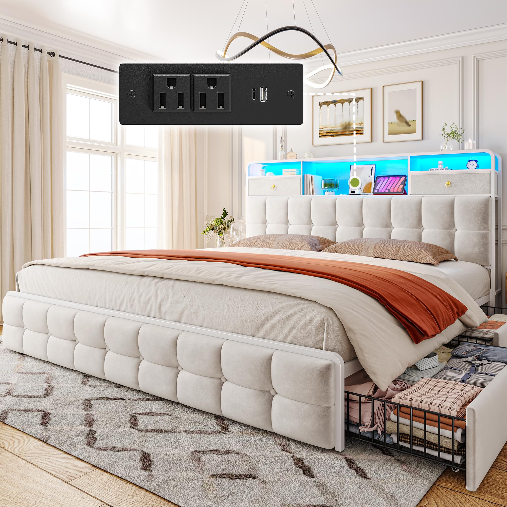 EnHomee King Size Bed Frame with 6 Storage Drawers and Upholstered Headboard,Bed Frame King Size with LED Lights and Charging Station,No Box Spring