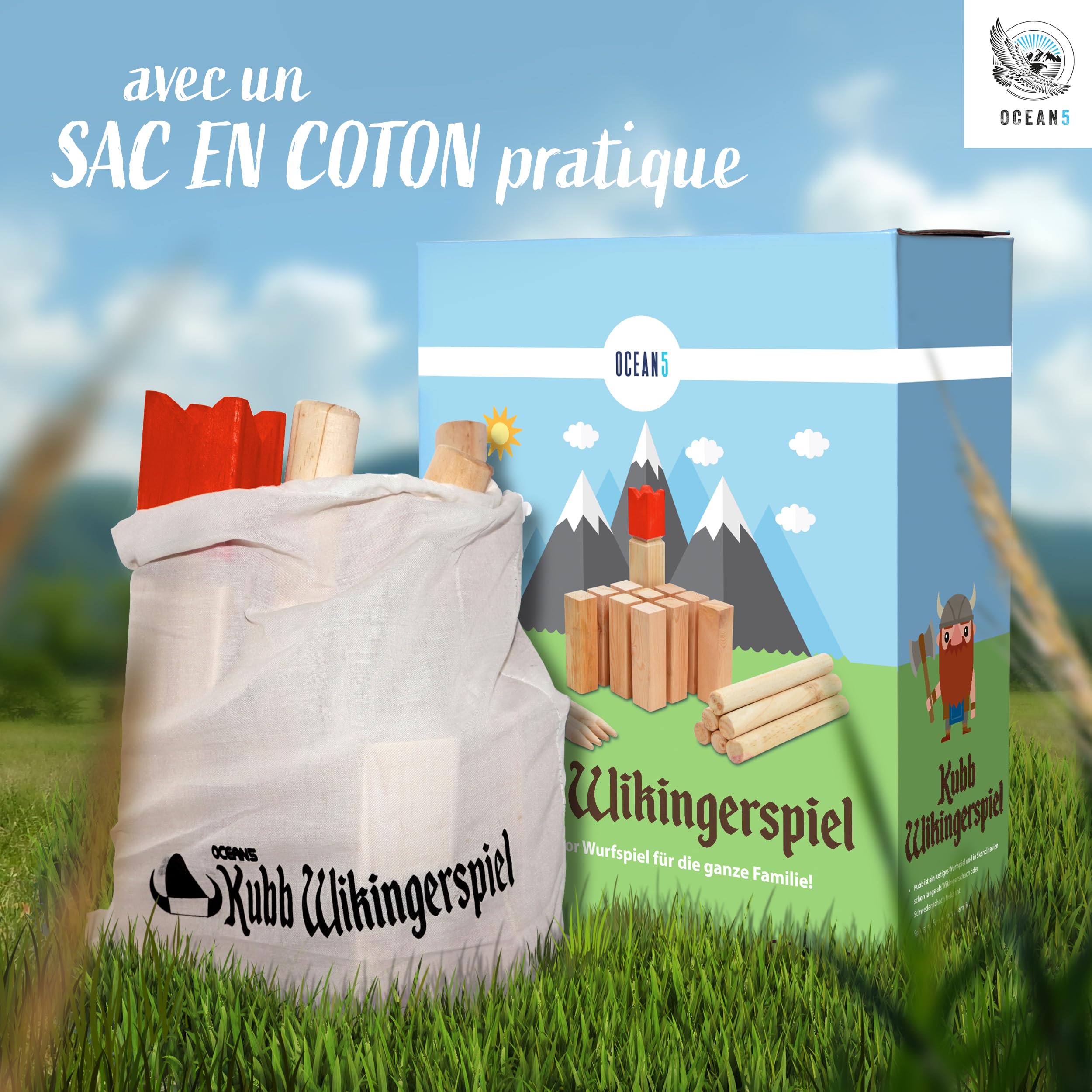 Ocean 5 Kubb - Original Jeu de Société Viking | Jeu en Bois Premium| Jeux de Société Suédois en Bois| Jeu de Réflexion pour Enfants et Adultes