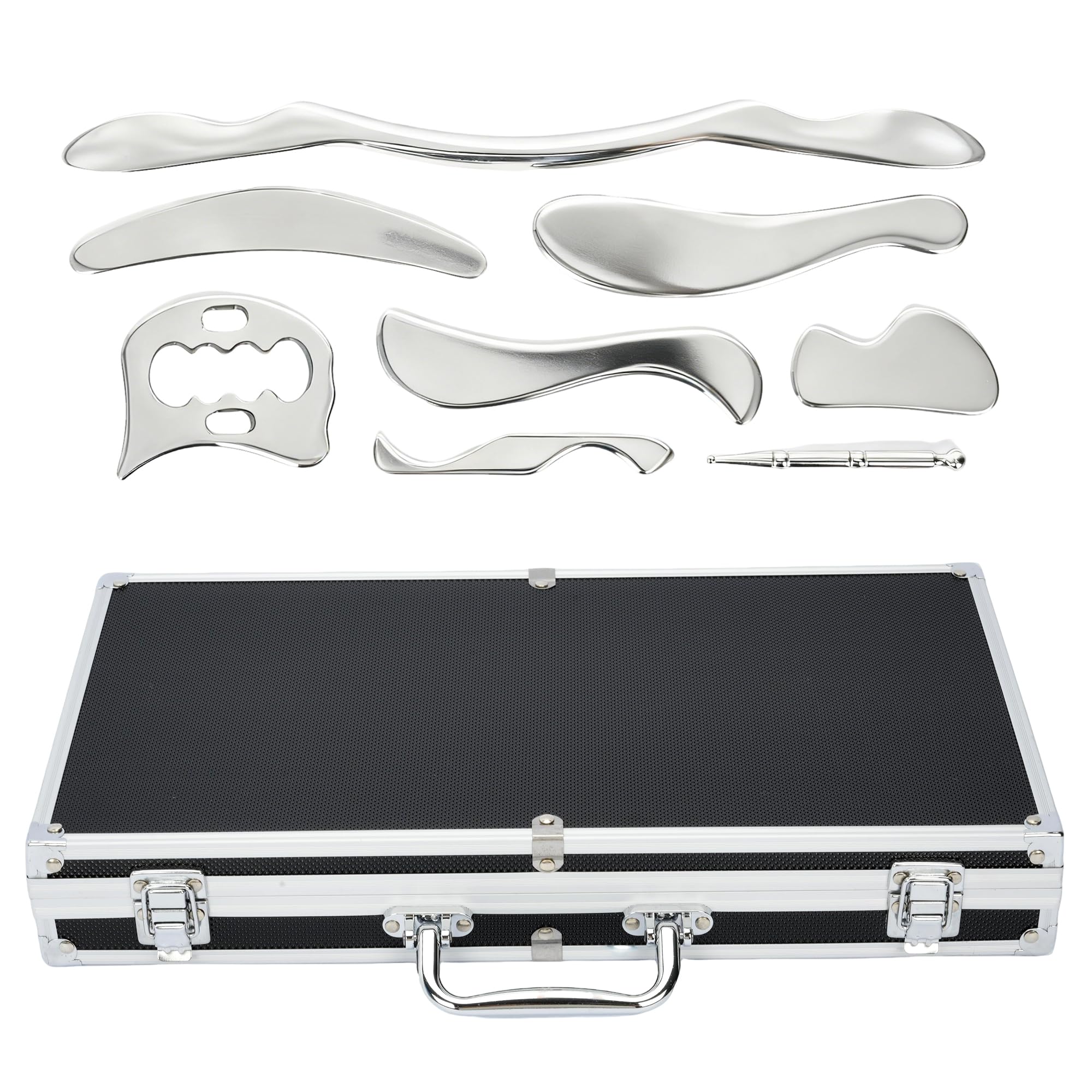 Zestaw 8 w 1 Gua Sha skrobak do mięśni ze stali nierdzewnej do fizjoterapii ciała Gua Sha z organizerem Narzędzie do masażu tkanek miękkich do SPA, masażu, redukcji bólu mięśni, pielęgnacji