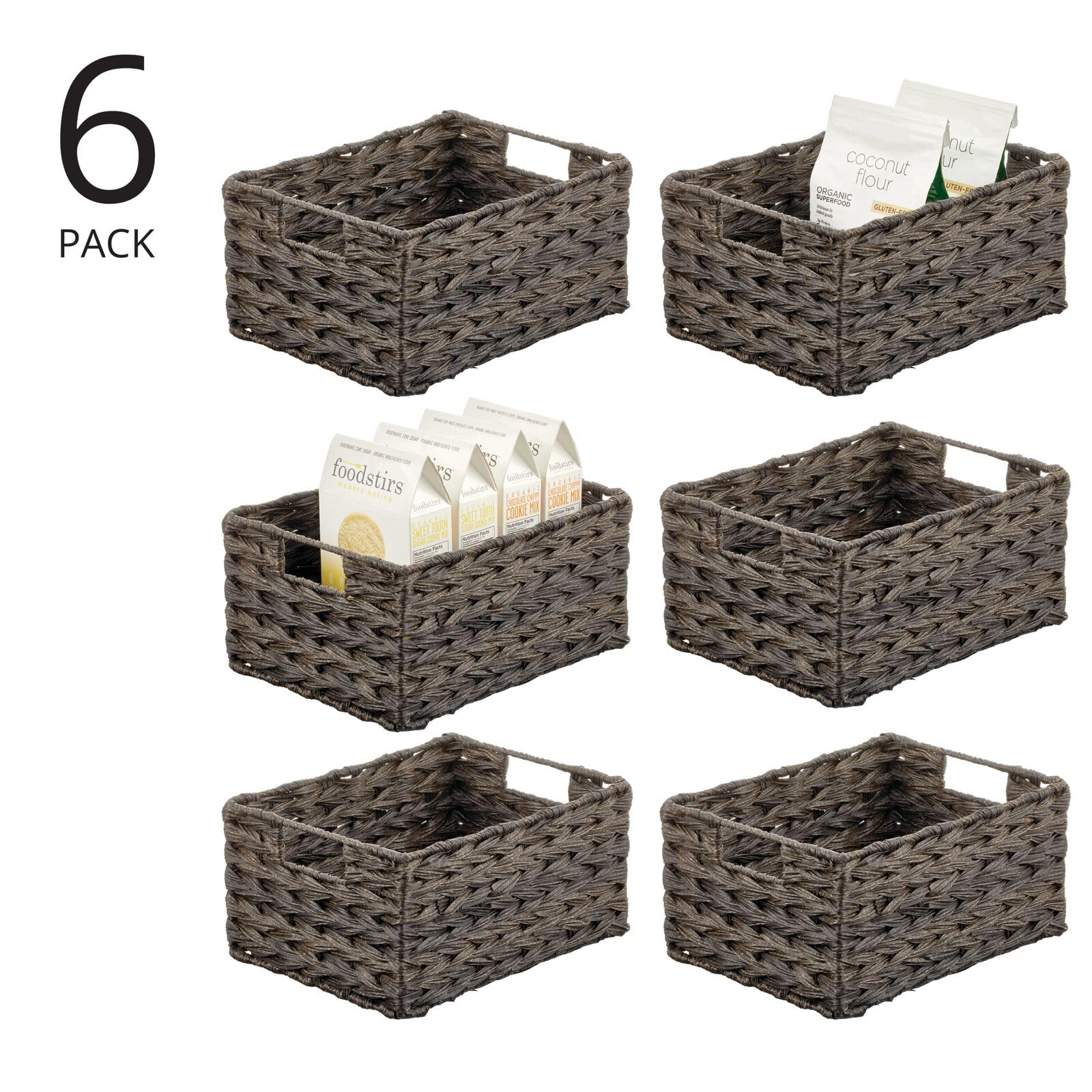 mDesign Woven Farmhouse Kitchen Pantry Food Storage Organizer Basket Box - Container Organization for Cabinets, Cupboards, Shelves, Countertops, Store Potatoes, Onions, Fruit, 6 Pack, Espresso Brown - Image 2