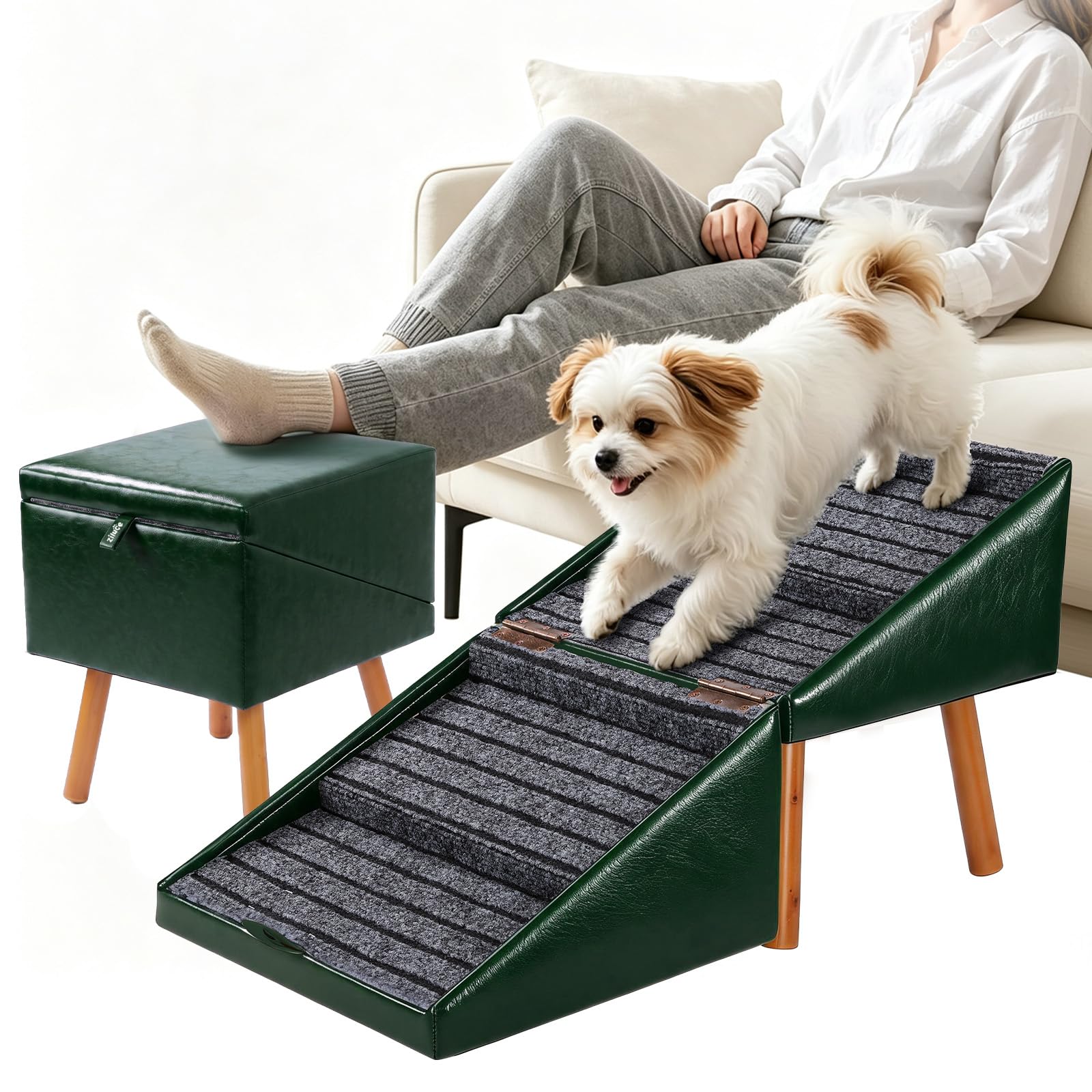 Dog Stairs for Small Dogs Faux Leather Foldable Pet Ramp and Ottoman,