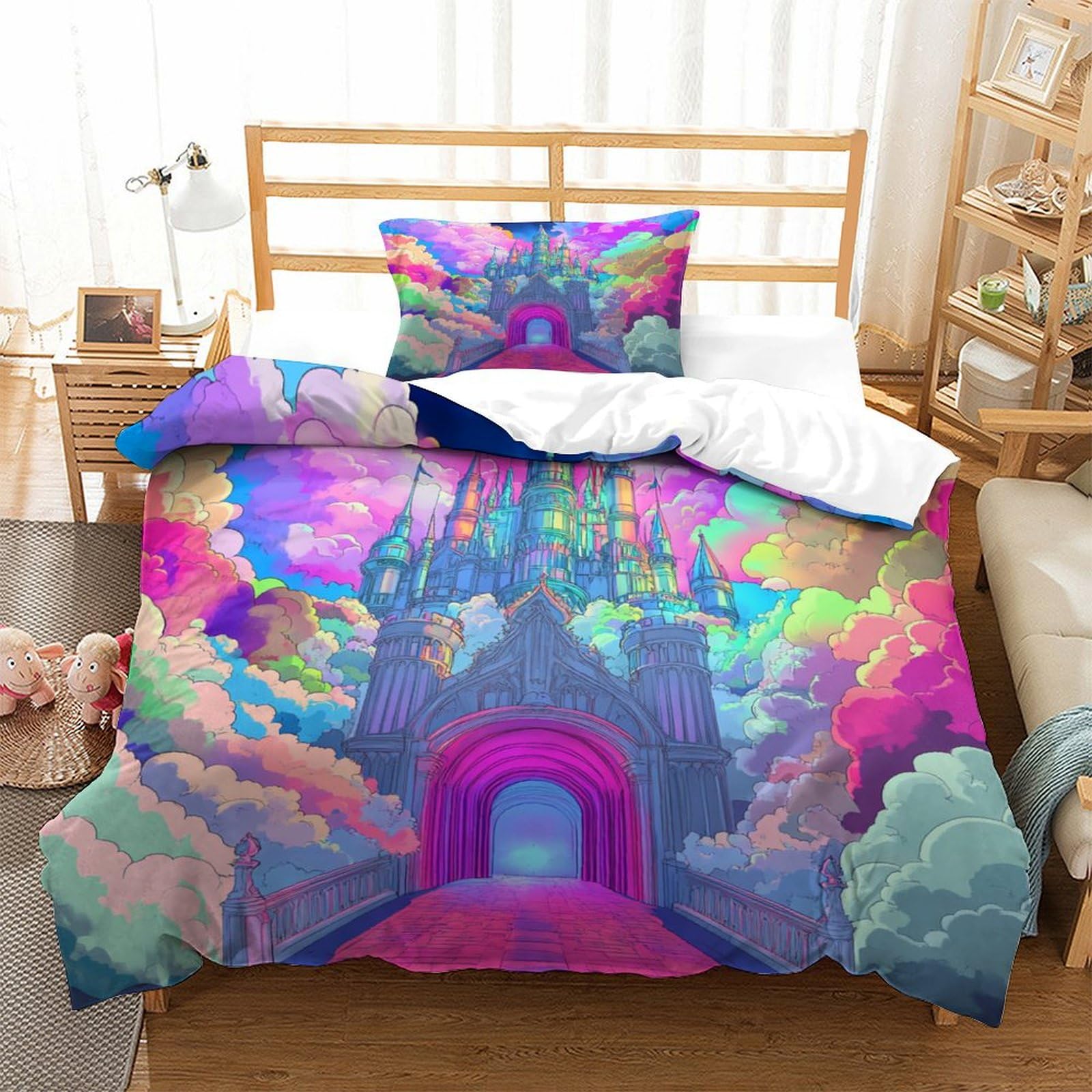 P1s9u7w5y Castle-2 Dream Castle 3D Printed Microfiber Duvet Cover Set 3Pcs Fantasy Cloud Bedding Set Single（135X200cm）