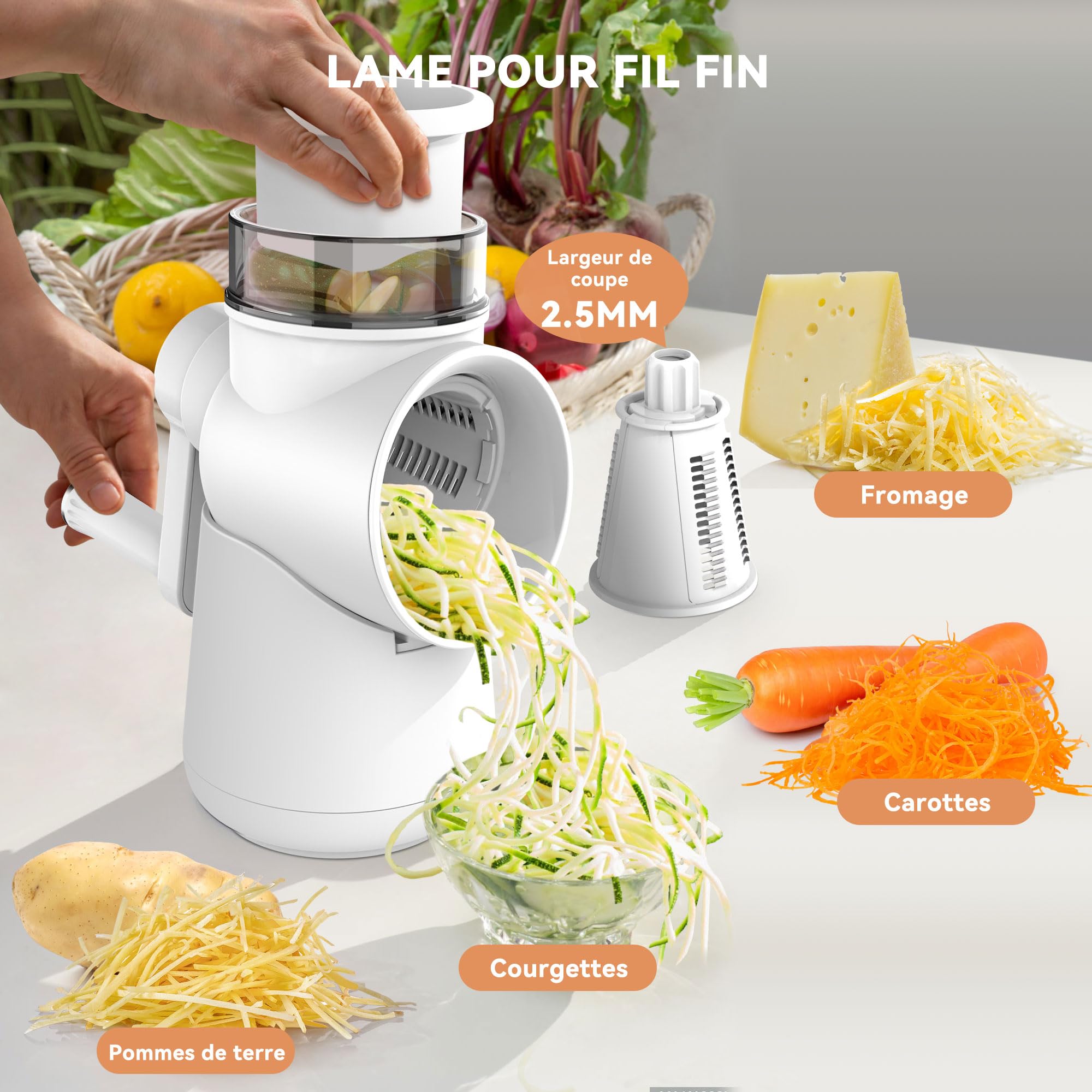 KitchenBoss Rapeuse Legume Manuelle,Rape Fromage:Coupe Légumes Multifonctionnel 3 en 1,avec Manivelle et 3 Lames de Rechange,peut être utilisé pour une large gamme de Fruits et Légumes,Blanc