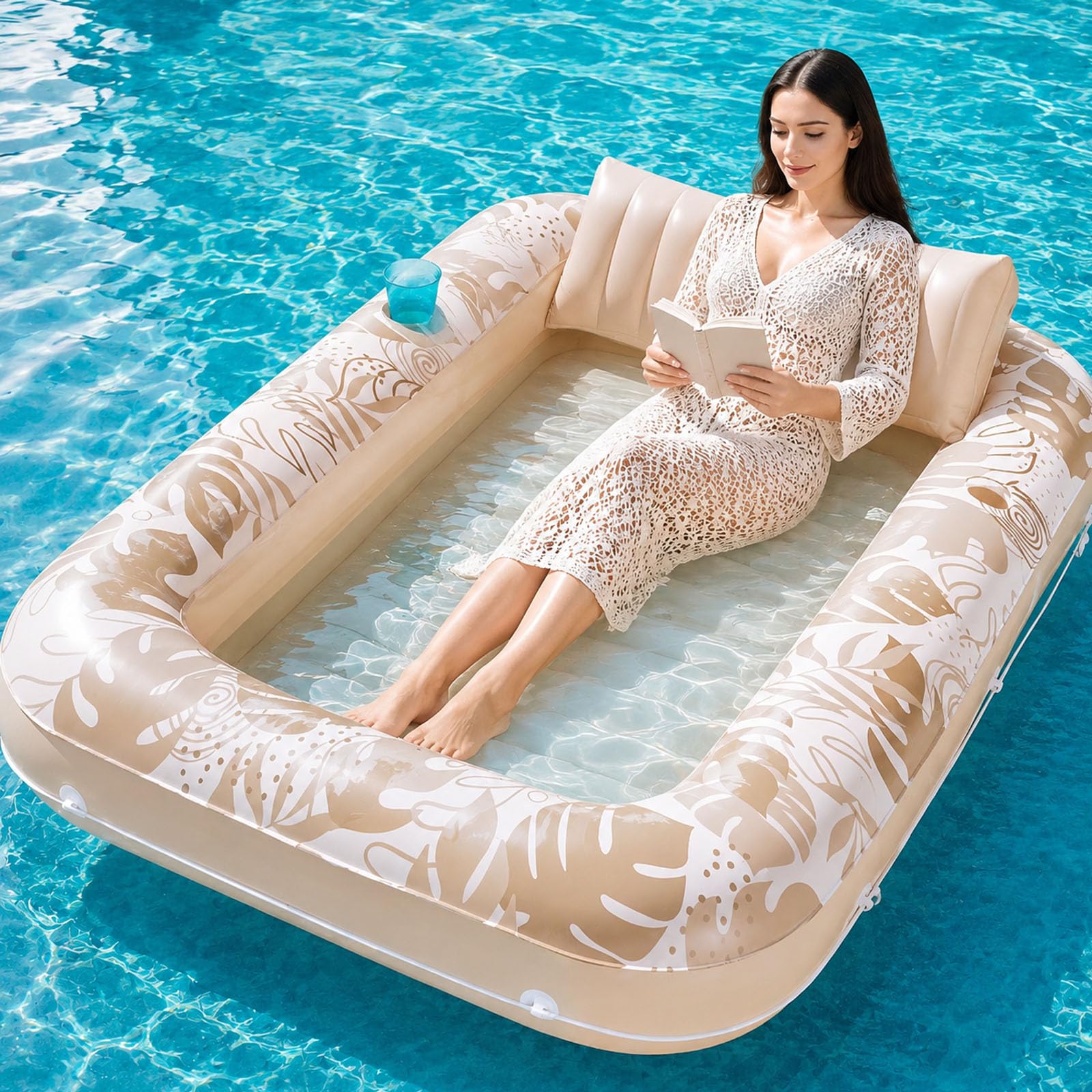 Aufblasbarer Sonnenbank-Pool-Liegefloat mit Getränkehalter und Luftpumpe