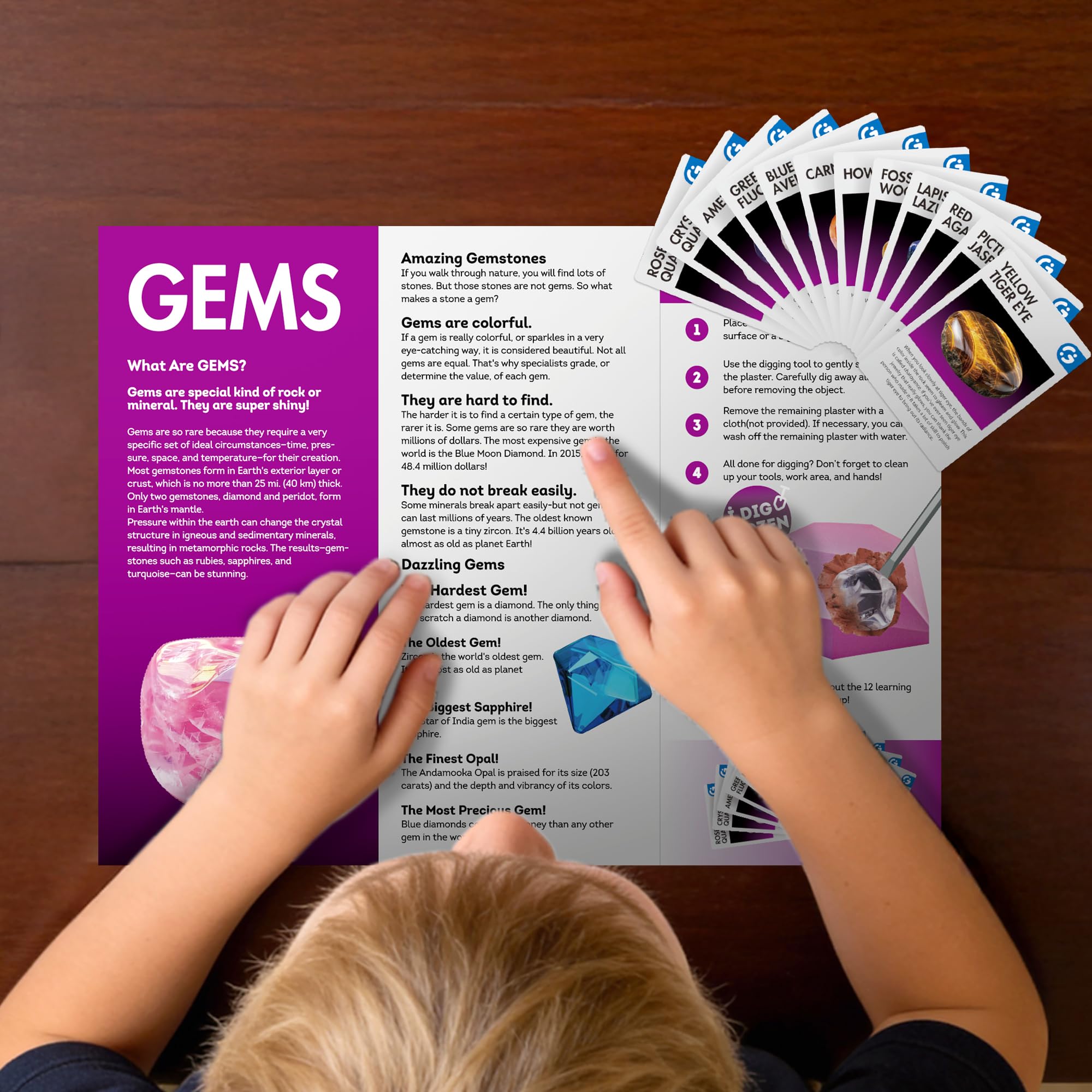 Gamerside Kit Excavation Enfant – 12 Pierres Précieuses Naturelles à Déterrer avec 12 Cartes d’Apprentissage, Coffret Pierre Précieuse Enfant Éducatif, pour Garçons et Filles de 6 à 12 Ans