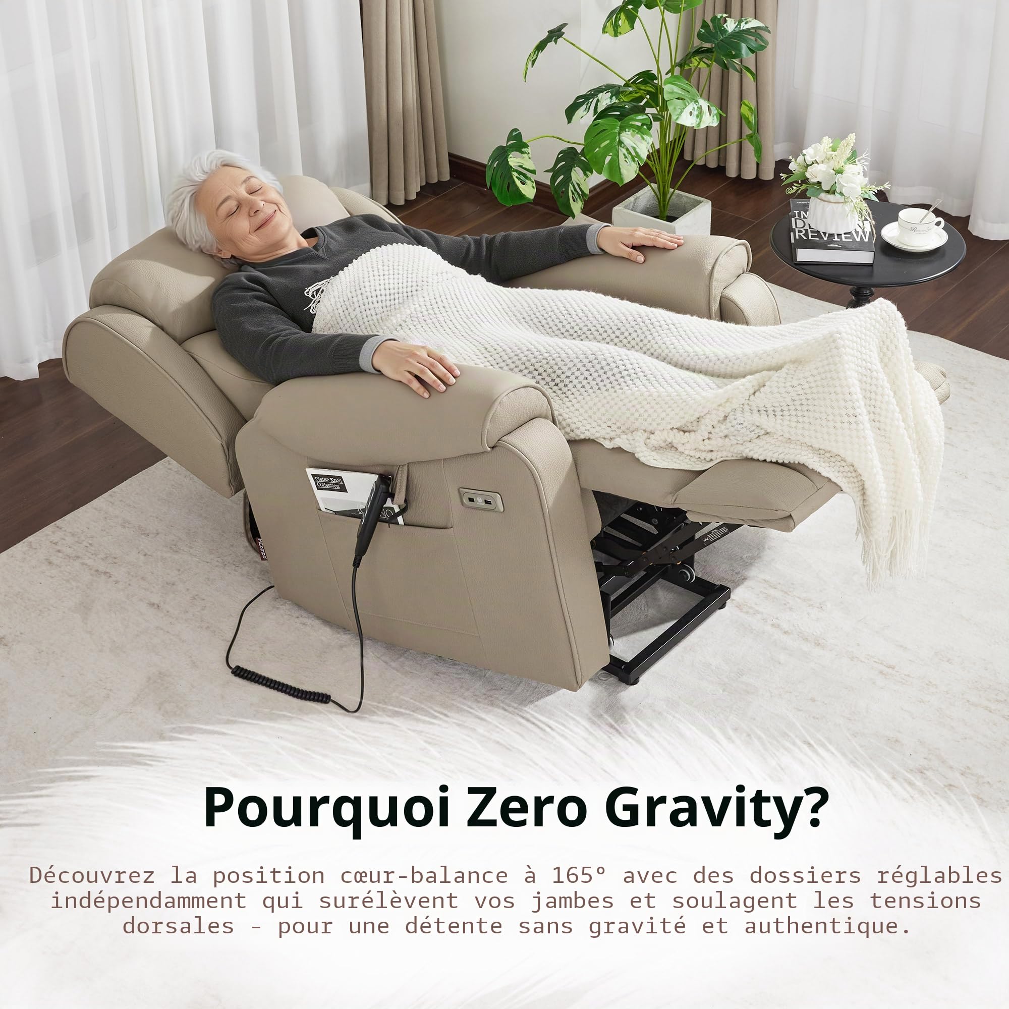 M MCombo Fauteuil TV 4 Moteurs avec Aide à la montée, électrique, Lombaire et Appui-tête réglables, zéro gravité 165°, Massage et Chauffage 7558 (Microfibre, Beige-Brun)