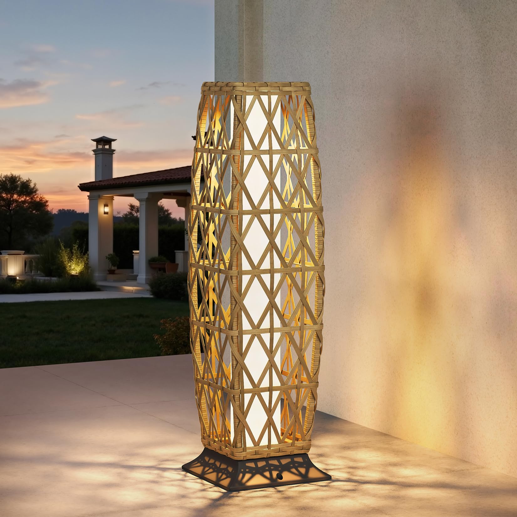 Grand patio Outdoor Floor Lamp Solar Lantern, Water-Resistant Natural Wicker Boho Patio Light with 50/100 Lumens Dual Brightness & Memory Mode for Garden Porch Deck Decor, Large Cindy Natural 1 PC Large Cindy Natural