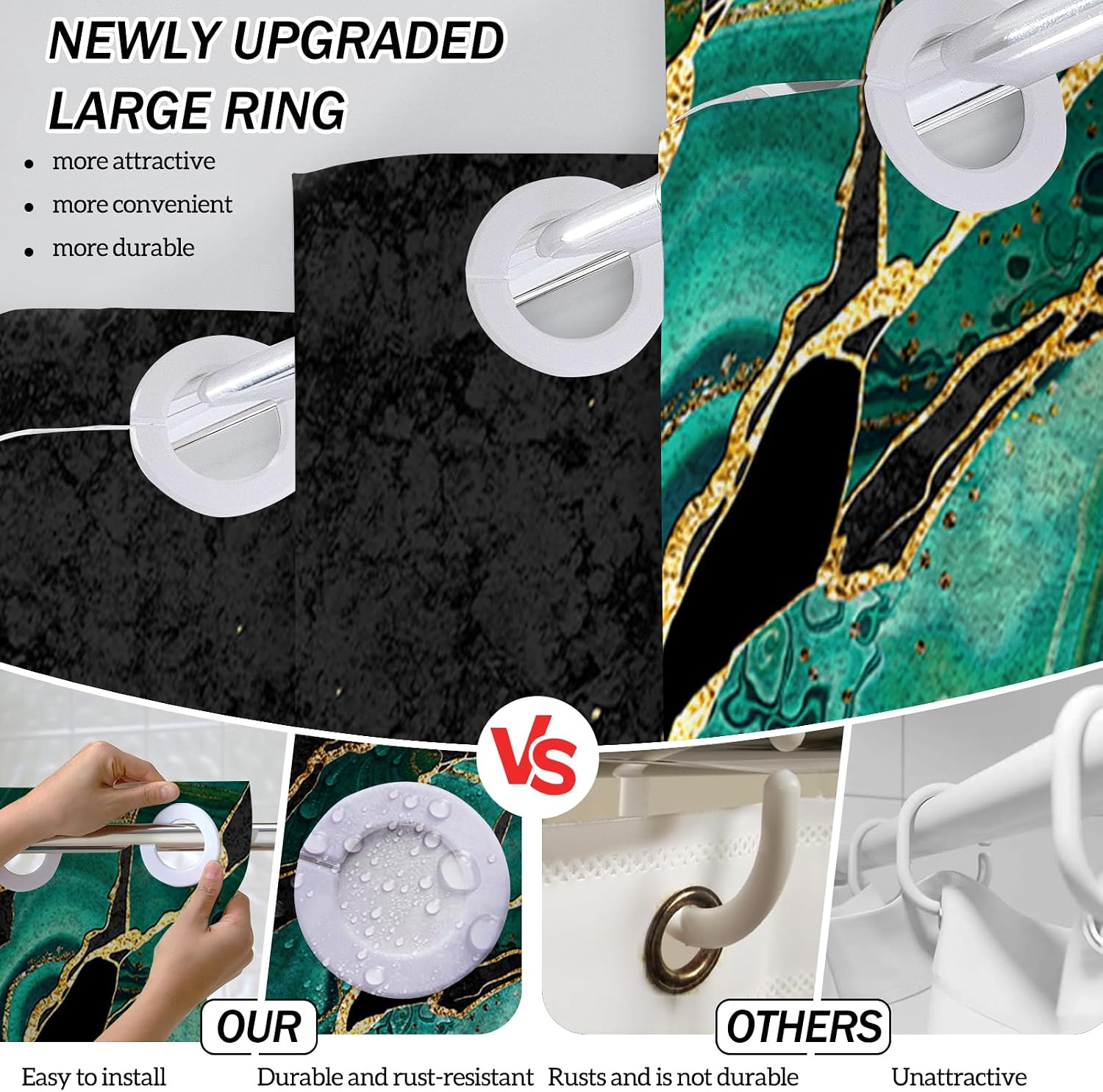 Lnond Green Black Gold Marble Shower Curtain,Luxury Marble Waterproof No Hook Shower Curtain for Bathroom Spa Bathtub, 71W x74L(No Liner)