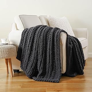 Battilo Chunky Knit Throw Blanket for Couch, Dark Grey Chenille Throw Bl...